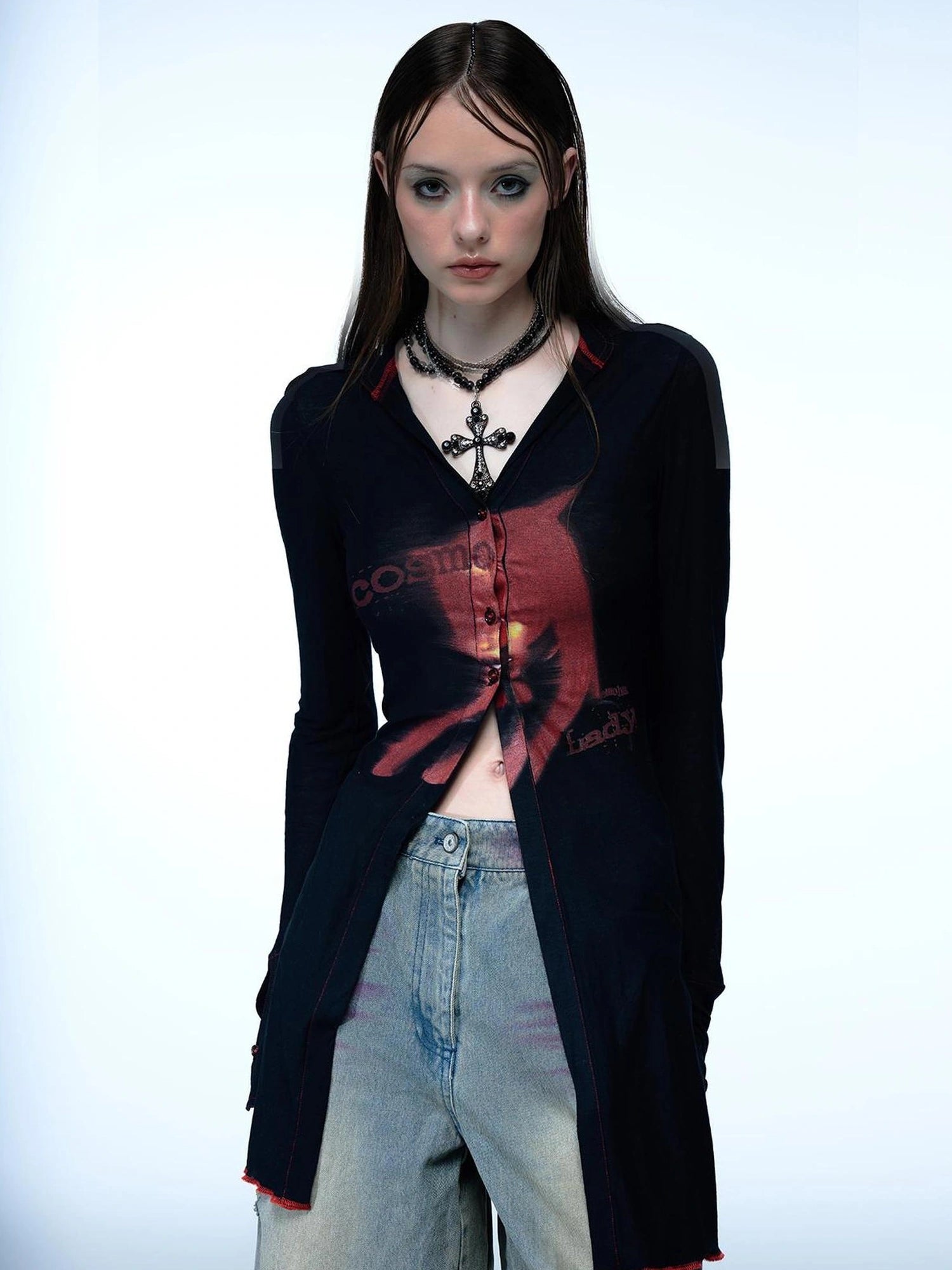 Emoha Cosmic Punk Cat Knit V-neck T-shirt Long Sleeve