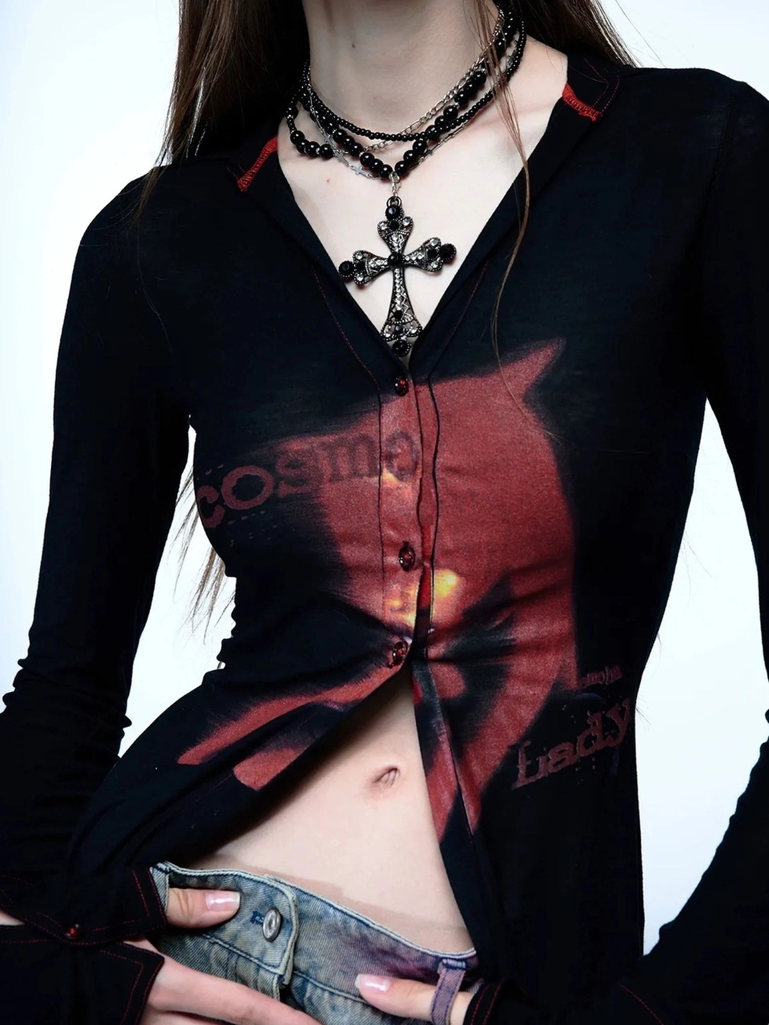 Emoha Cosmic Punk Cat Knit V-neck T-shirt Long Sleeve