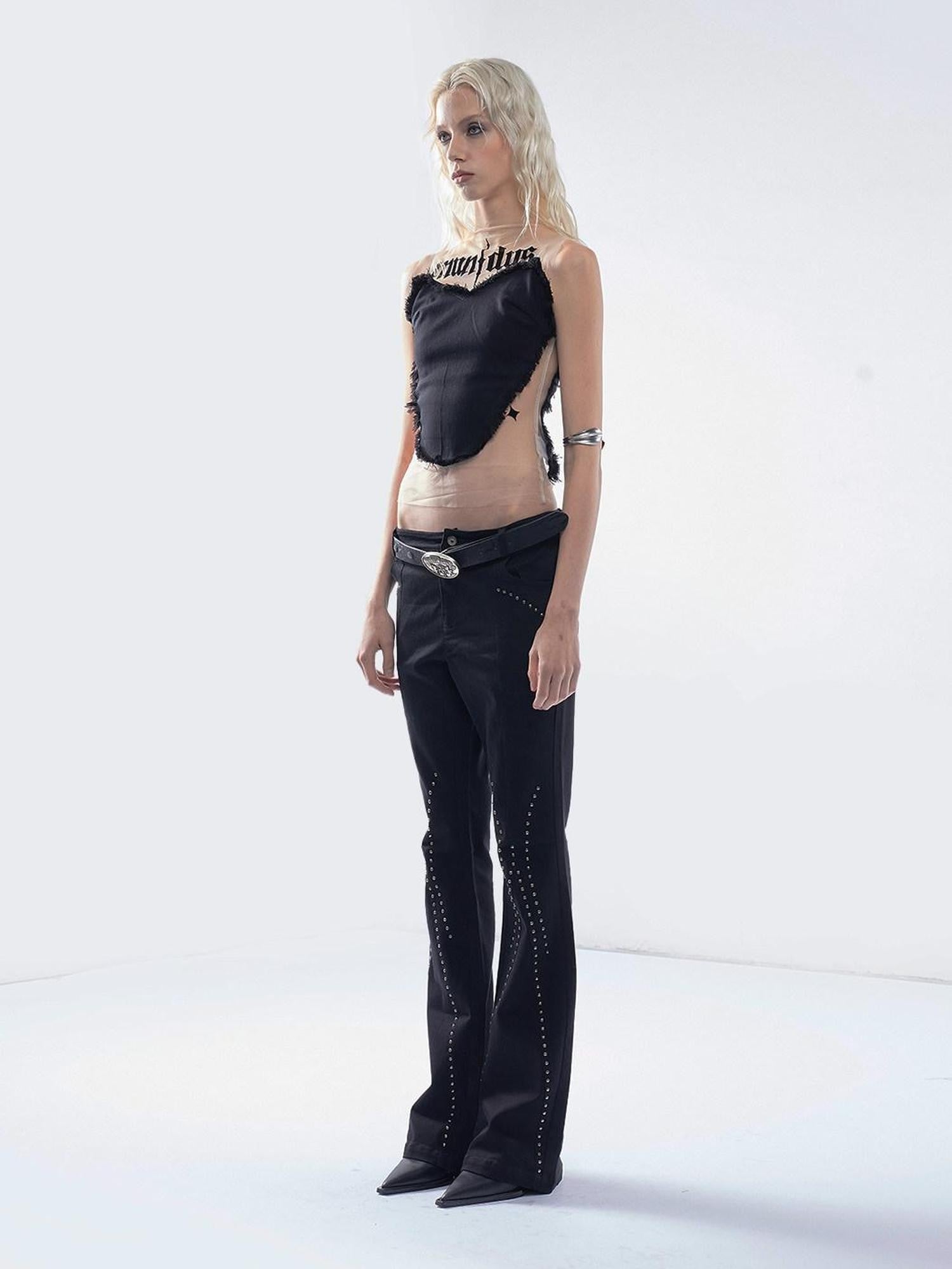 Emoha Flocked Mesh Tassel Half Turtleneck H Shaped Women&