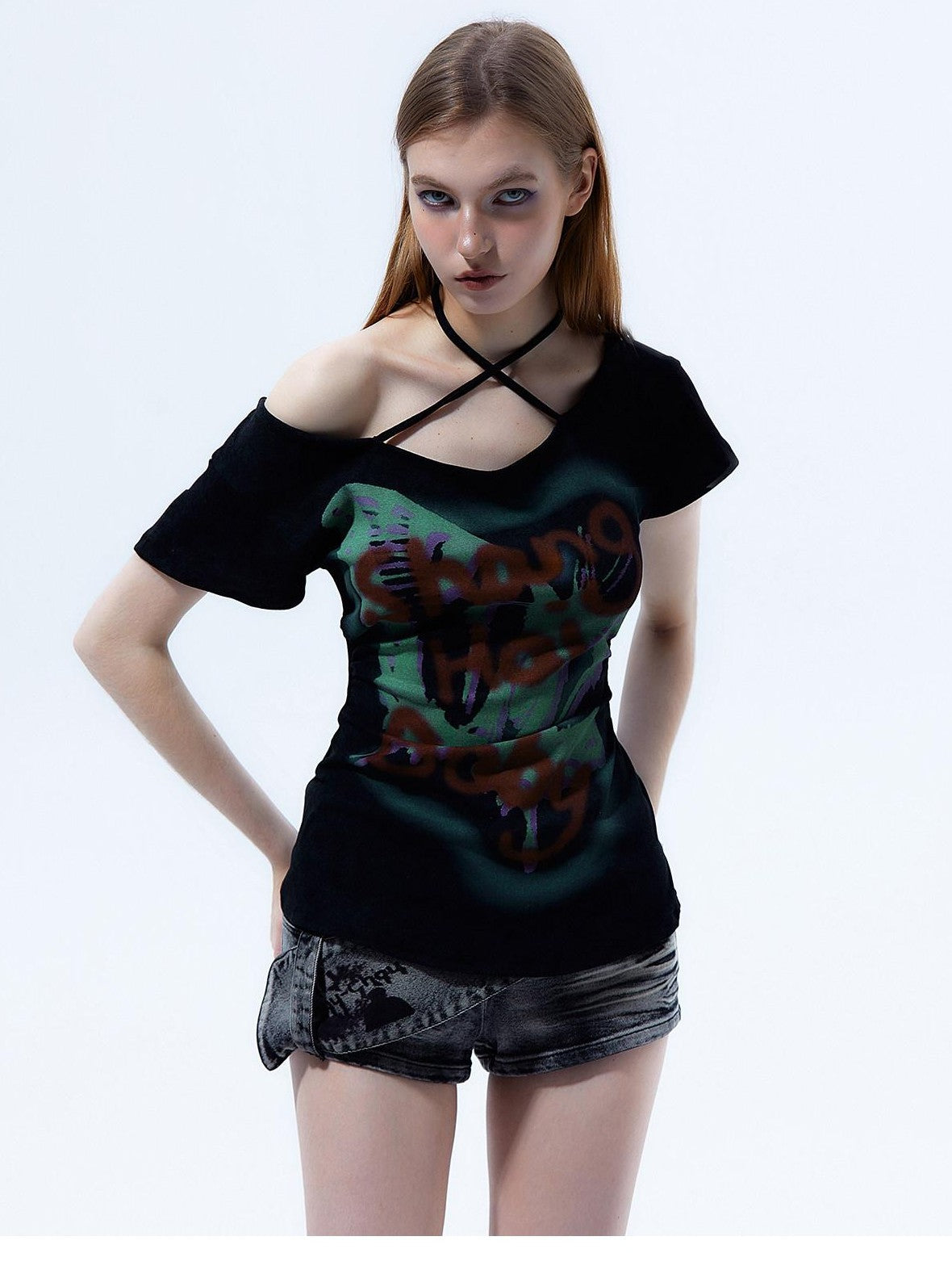 Emoha Flutter Sleeve Letter Print Distressed Slim Women&