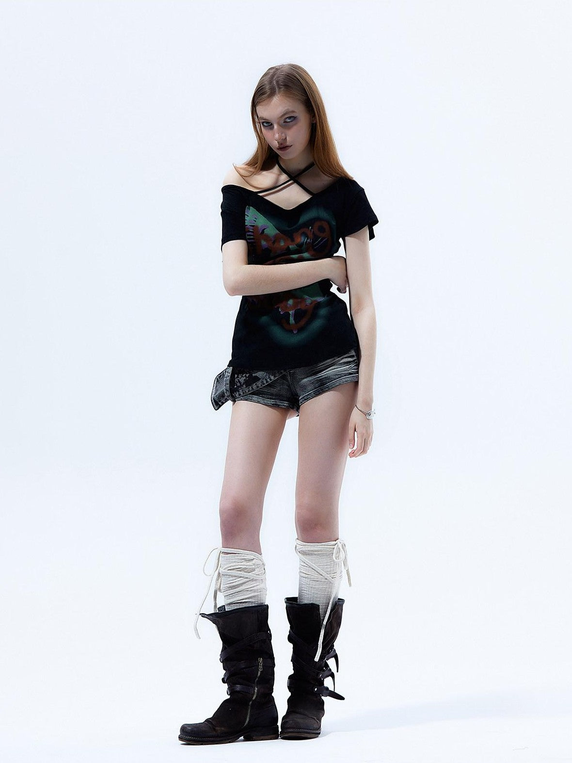 Emoha Flutter Sleeve Letter Print Distressed Slim Women&