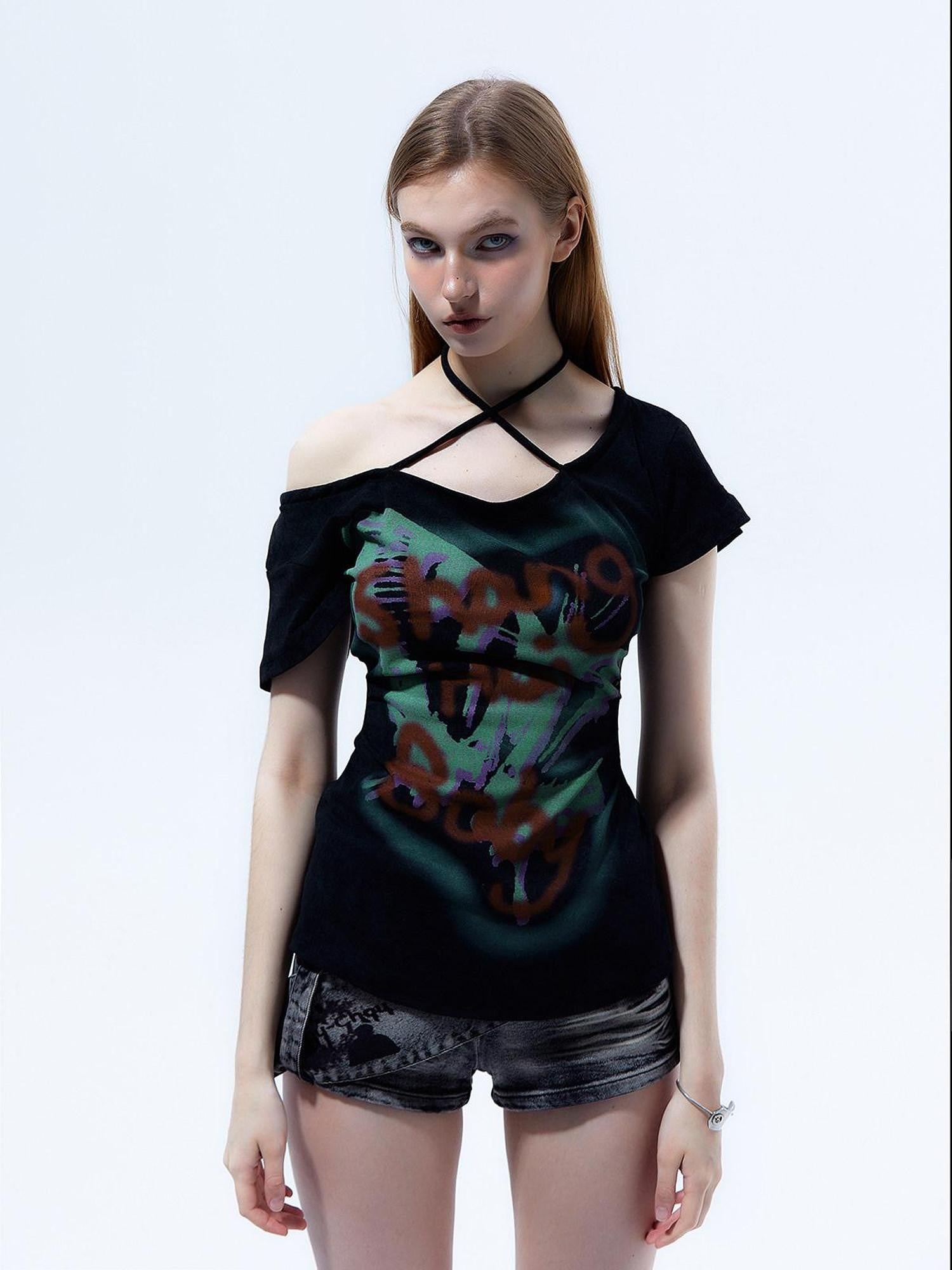 Emoha Flutter Sleeve Letter Print Distressed Slim Women&