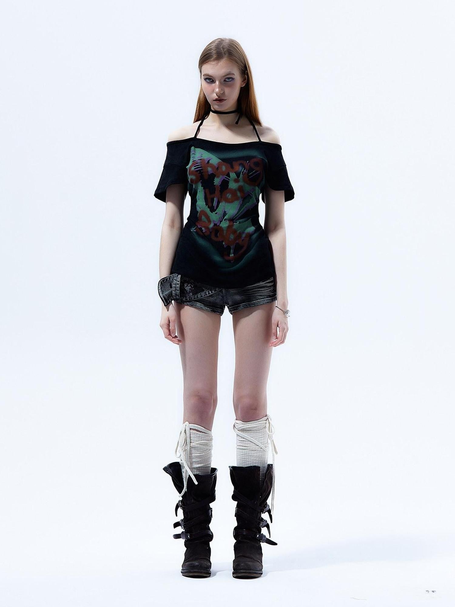 Emoha Flutter Sleeve Letter Print Distressed Slim Women&