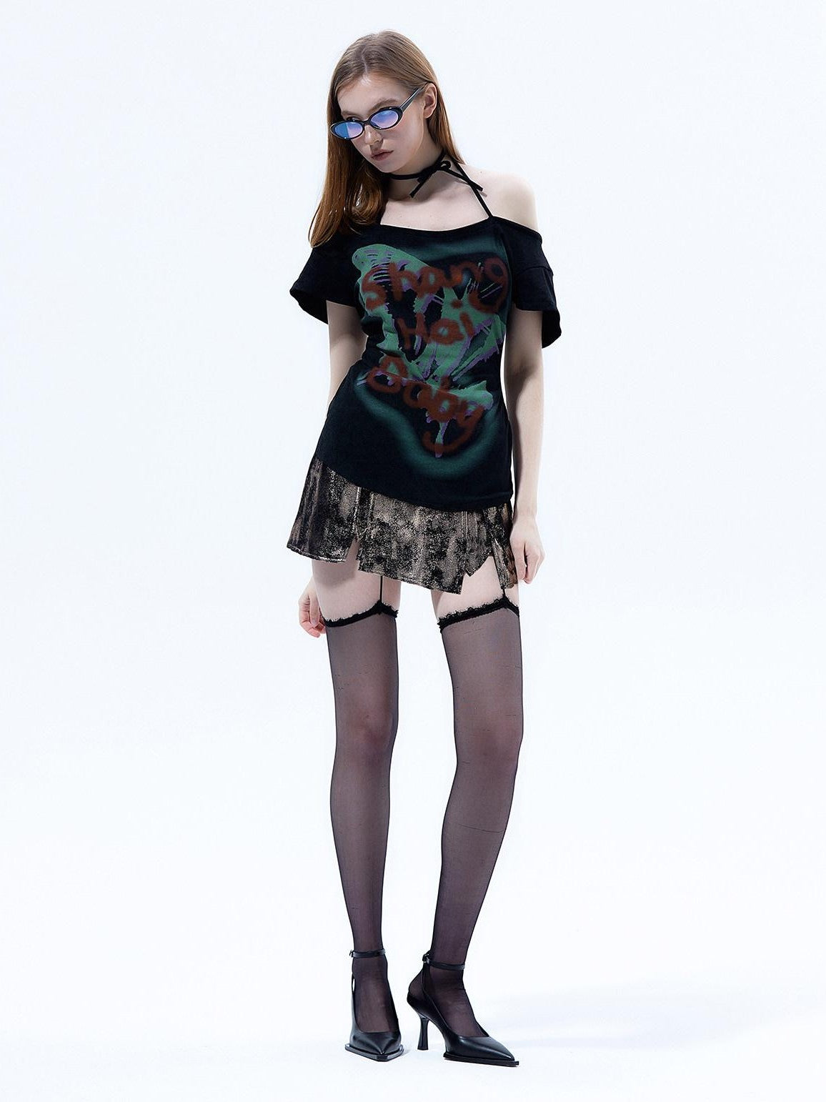 Emoha Flutter Sleeve Letter Print Distressed Slim Women&