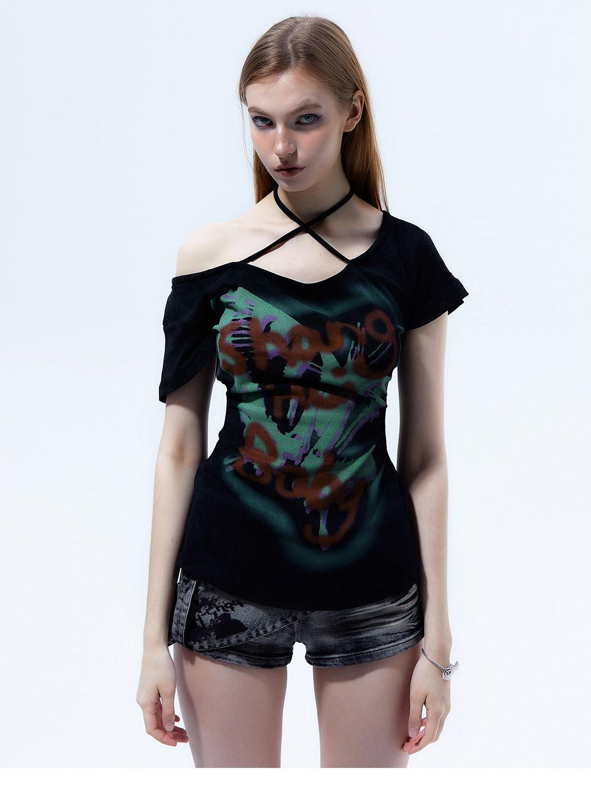 Emoha Flutter Sleeve Letter Print Distressed Slim Women&
