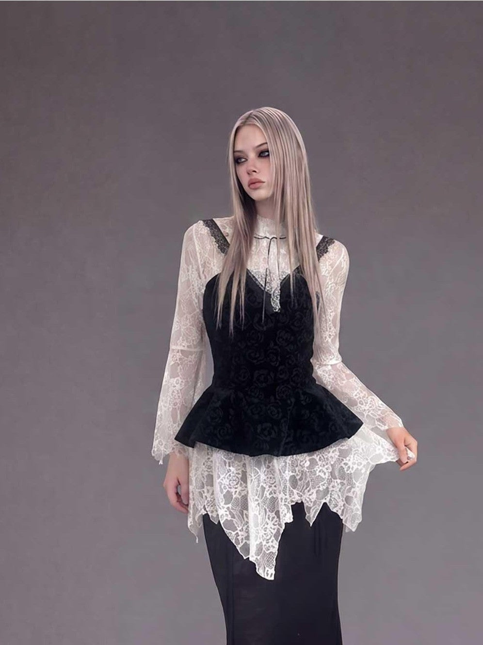 Emoha Gothic Long Sleeve High Neck Cinched Waist Sheer Women&