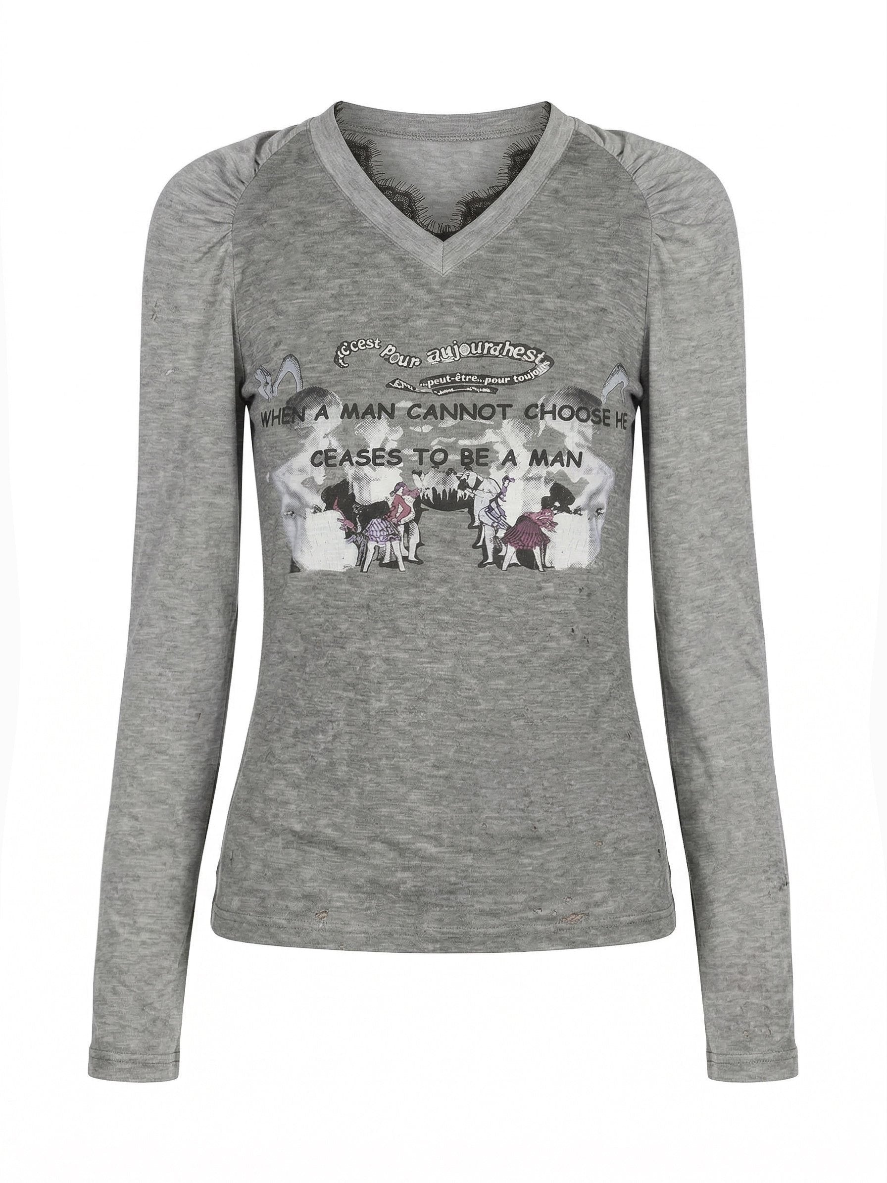 Emoha_Gray_Lace_Letter_Print_V-neck_Slim_Fit_Women&