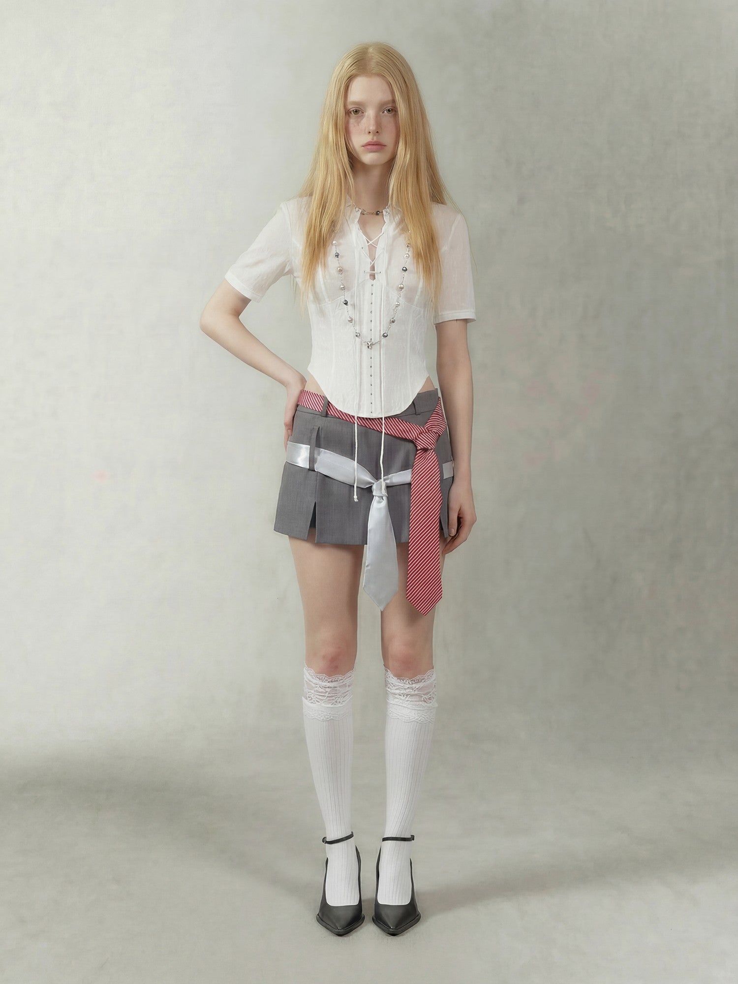Emoha Gray Tie Detail A Line Side Zipper Mid Waist Women&
