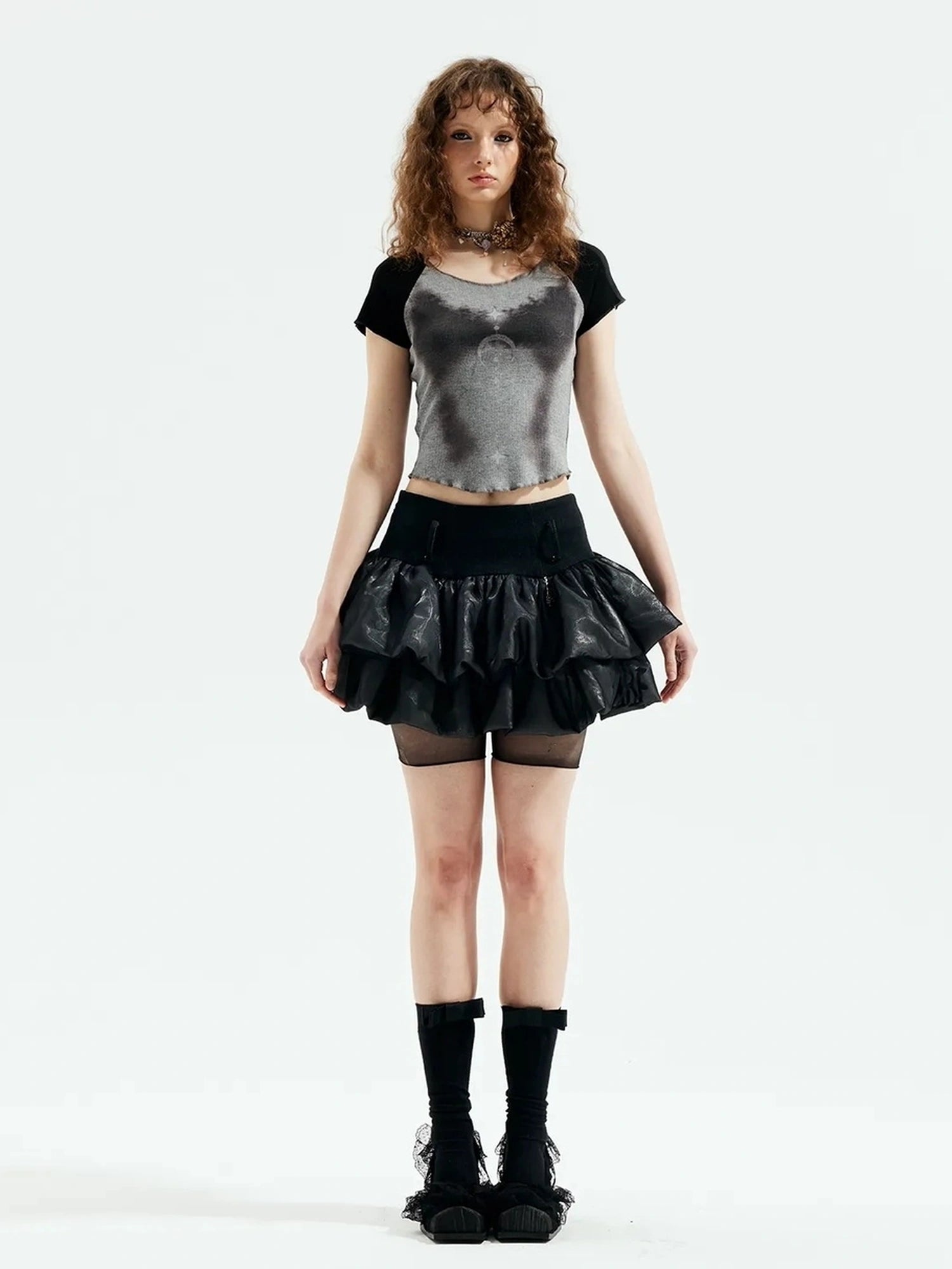 Emoha Gray Witch Print Raglan Tee V-neck T-shirt Long Sleeve