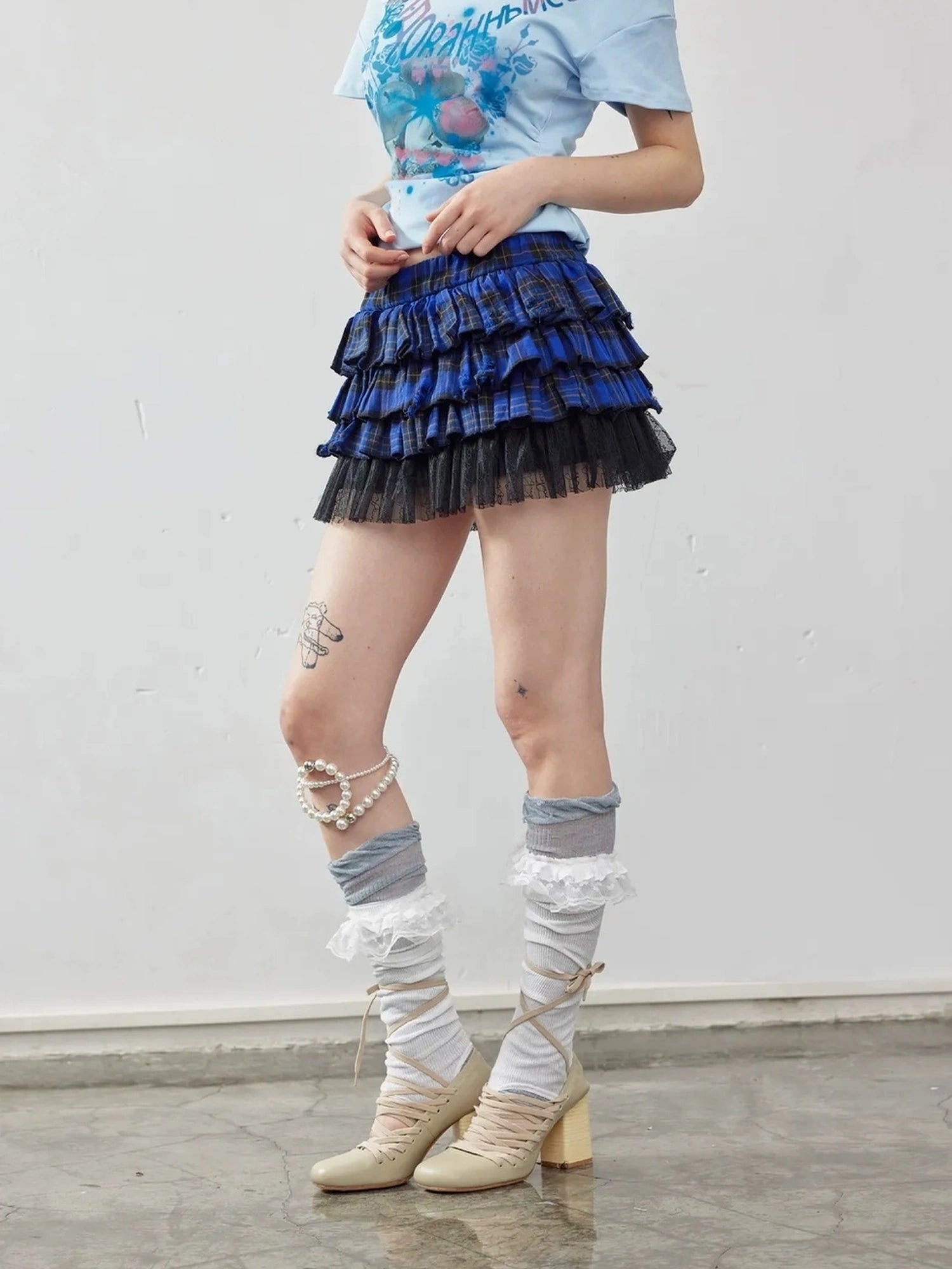 Emoha Layered Blue Lace Ballet A Line Skirt