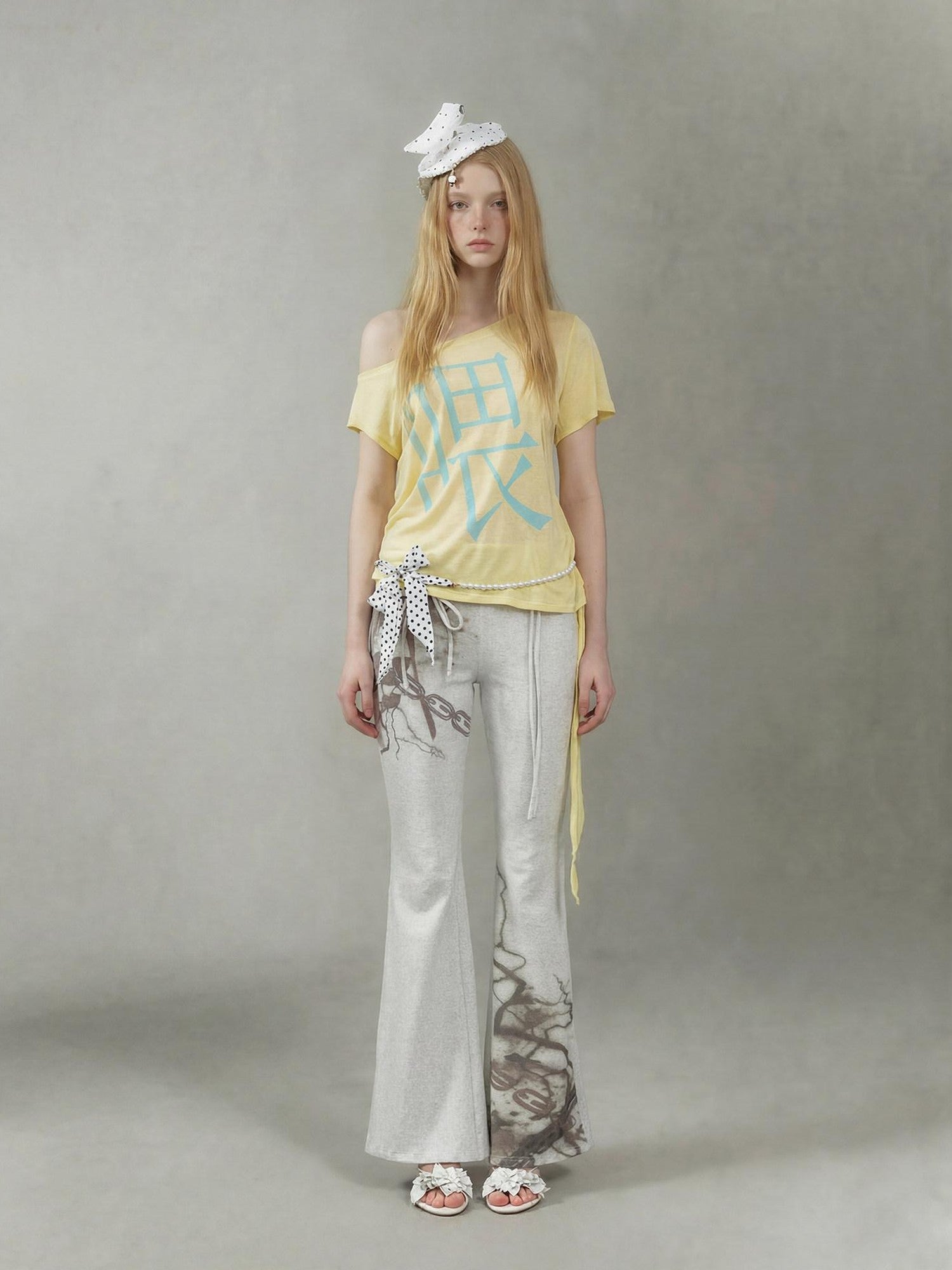 Emoha Lemon Yellow Text Print Slant Shoulder Slim Y2k Women&