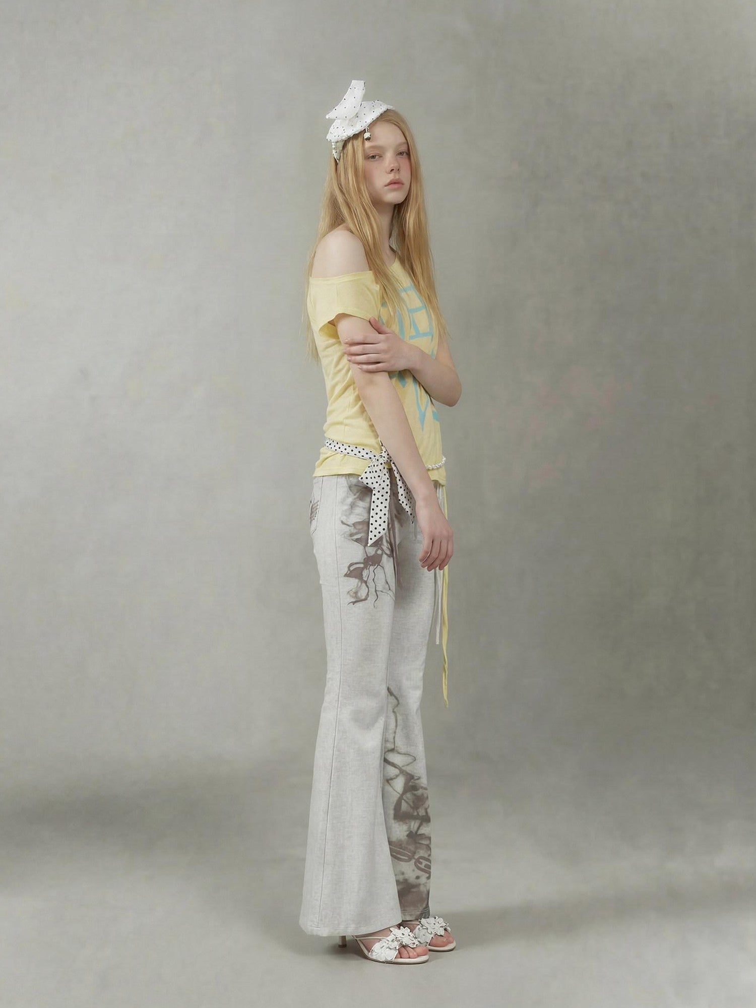 Emoha Lemon Yellow Text Print Slant Shoulder Slim Y2k Women&