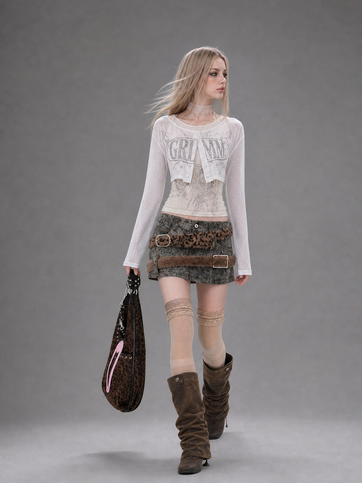 Emoha Leopard Patchwork Tie Dye 3d Metal Embellished A Line Women&