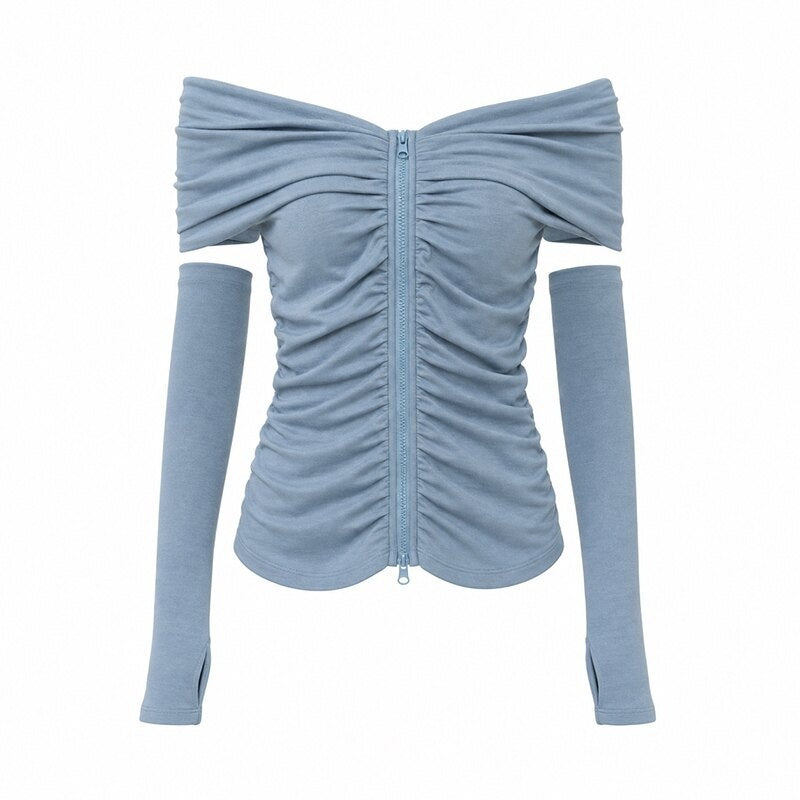 Emoha_Light_Blue_Ruched_V-neck_Zipper_Long_Sleeve_Women&