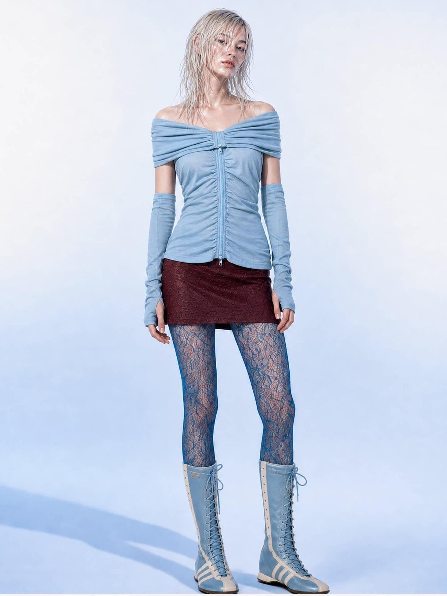 Emoha Light Blue Ruched V-neck Zipper Long Sleeve Women&