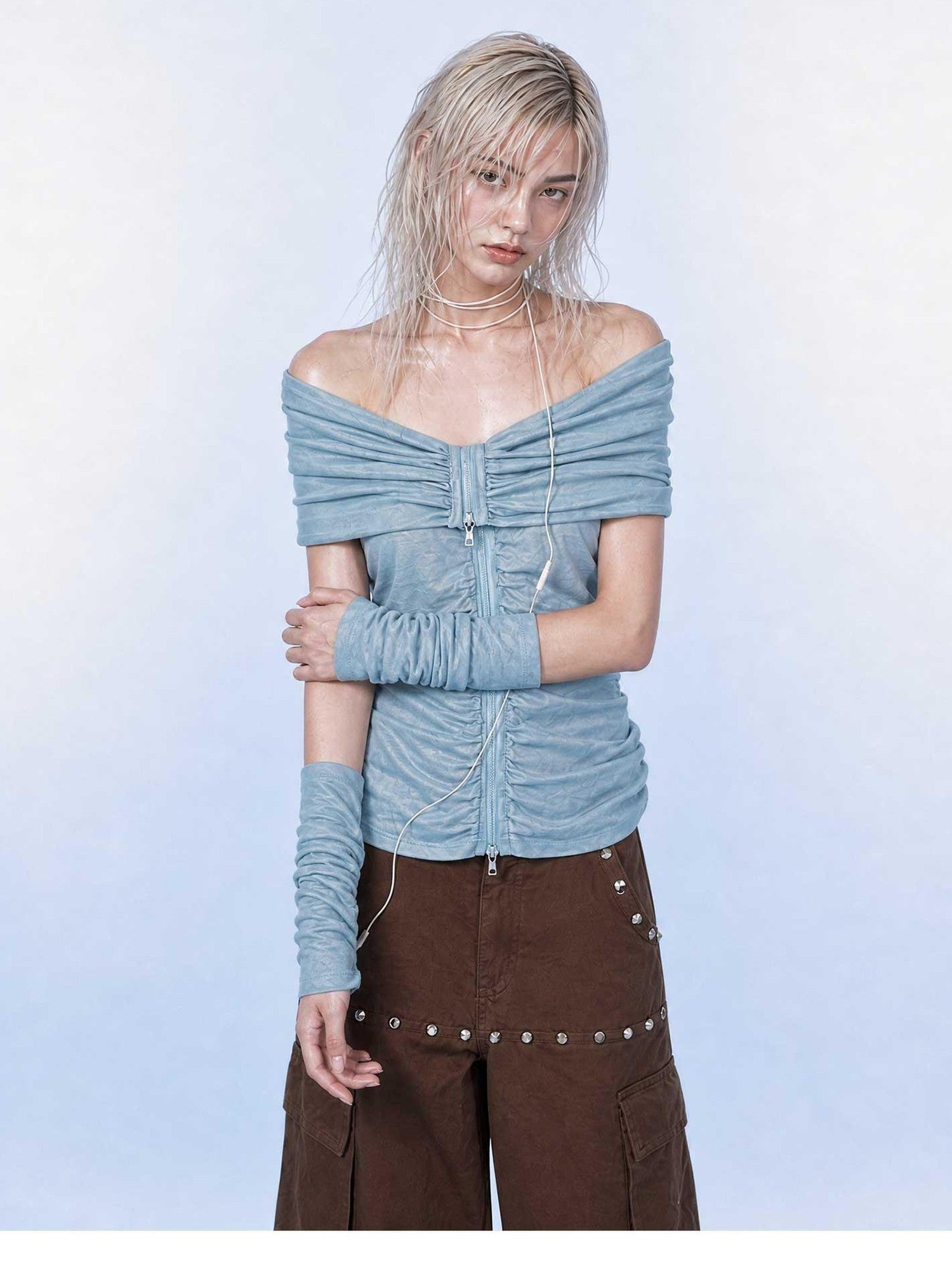 Emoha Light Blue Ruched V-neck Zipper Long Sleeve Women&