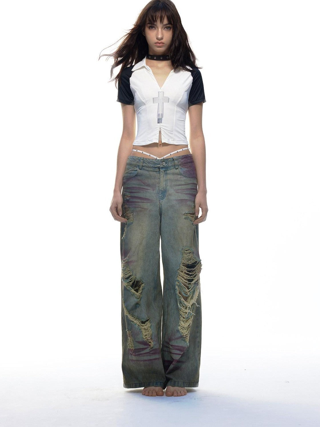 Emoha Light Wash Distressed Ripped Punk Natural Waist Women&
