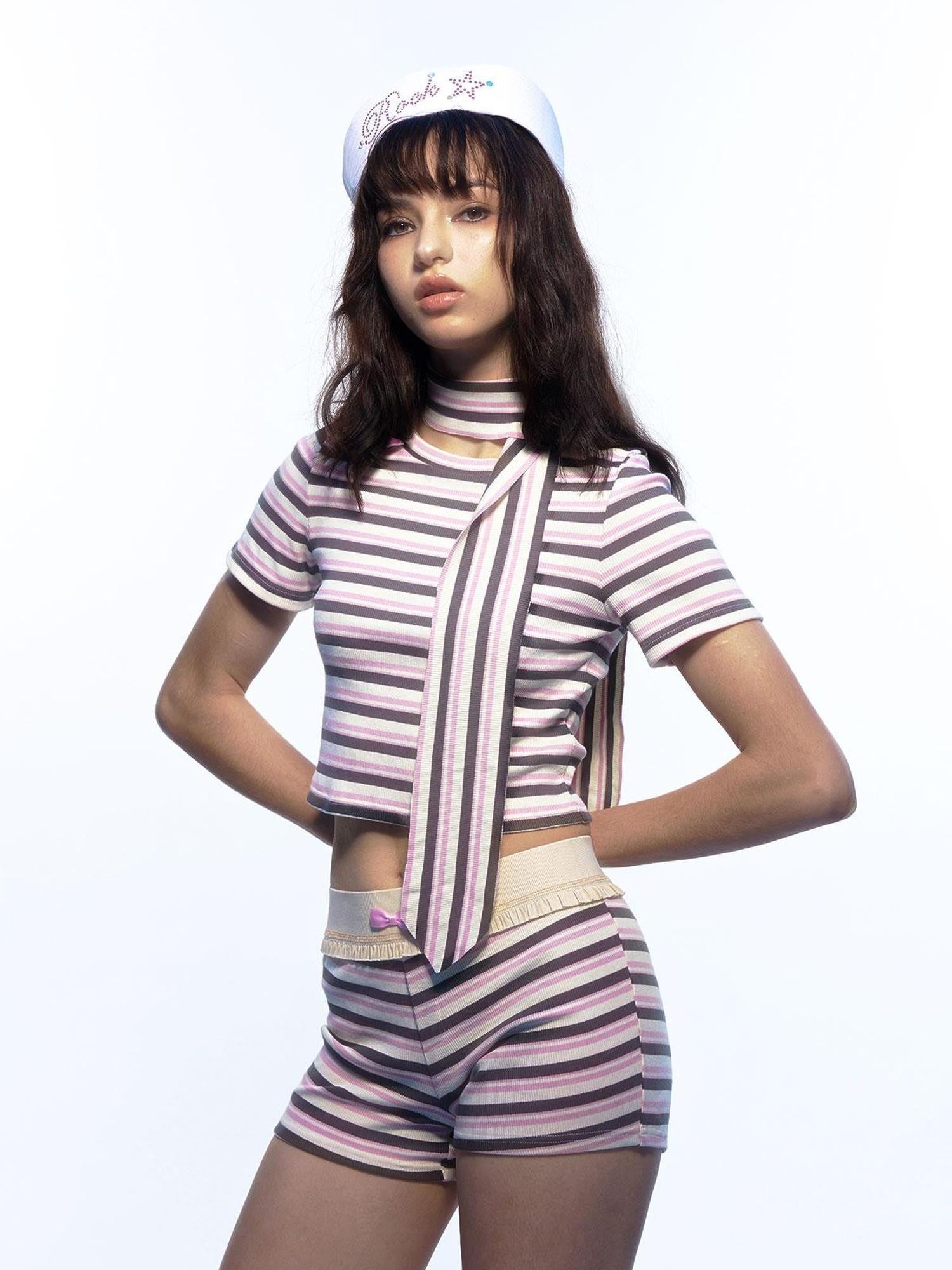 Emoha Pink Striped Bow Crewneck Slim Fit Women&