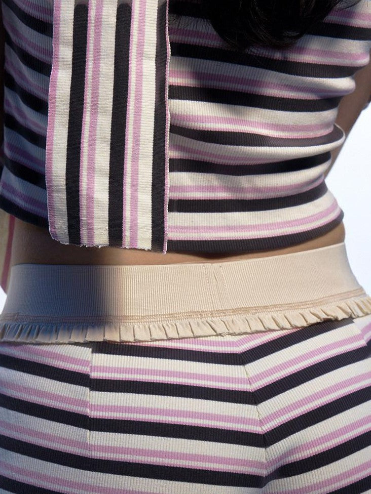 Emoha Pink Striped Bow Crewneck Slim Fit Women&