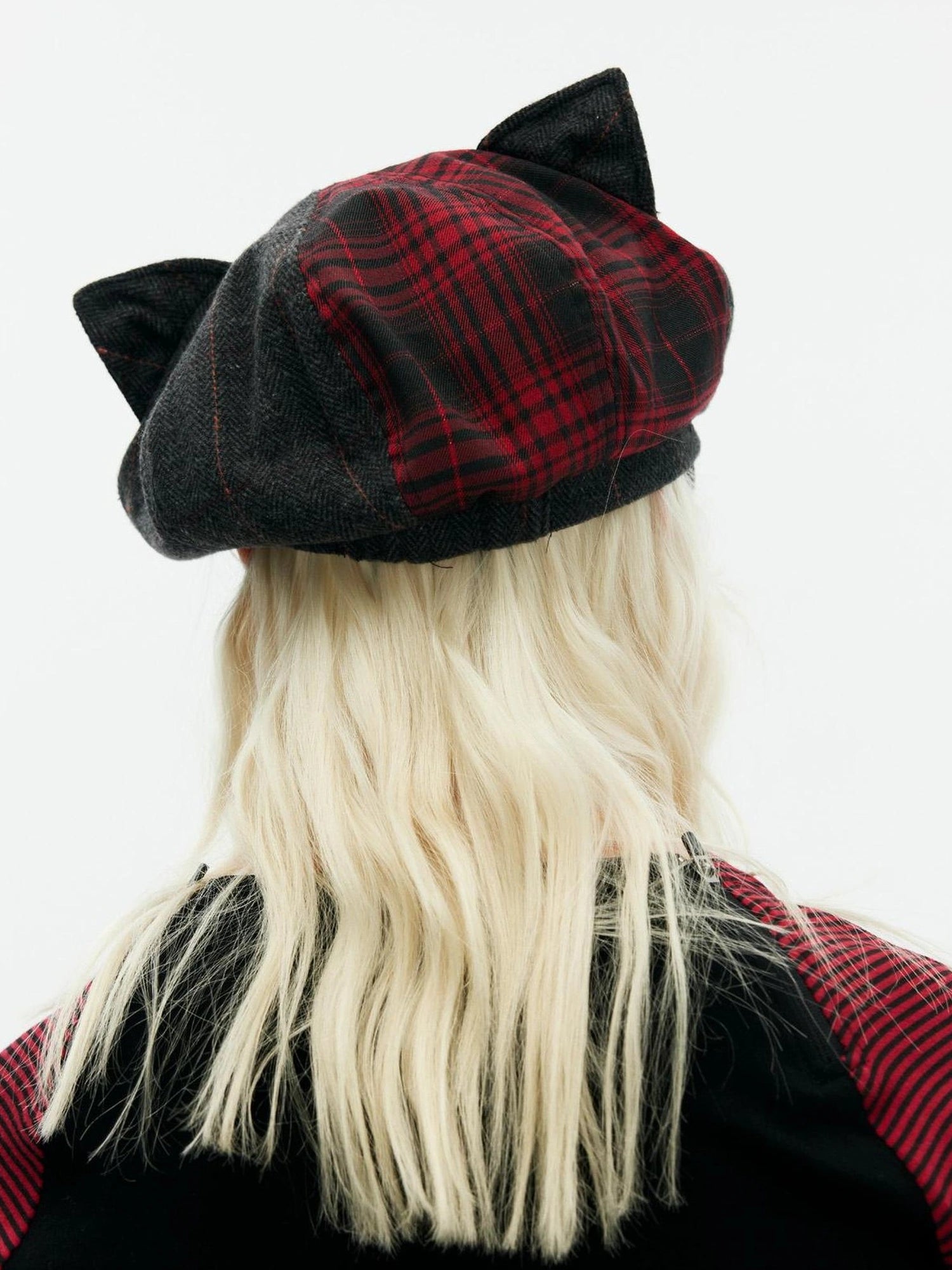 Emoha Punk Y2k Plaid Newsboy Cap With Cat Ears