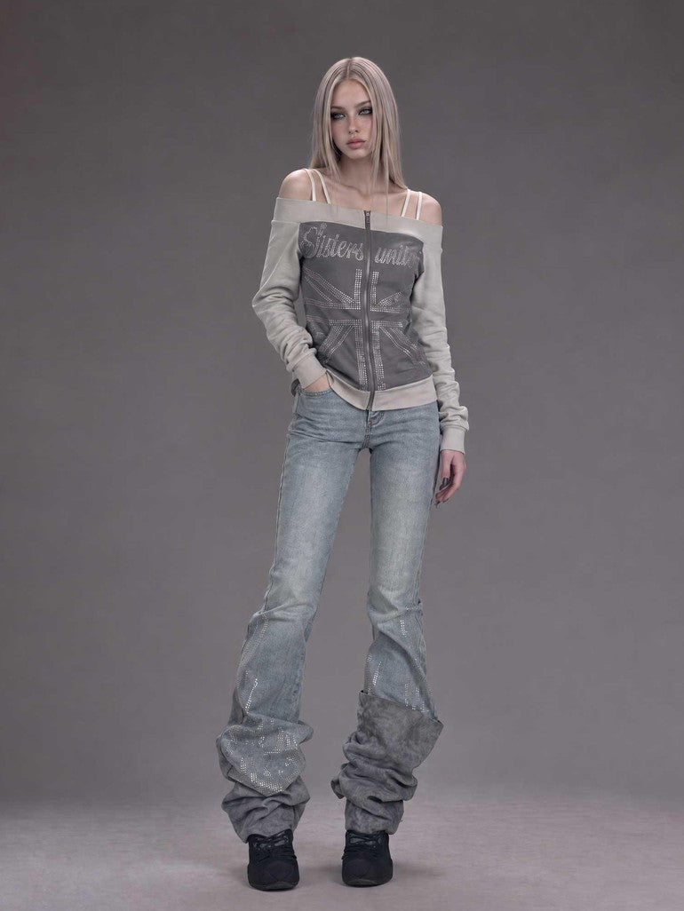 Emoha Rhinestone Studded Vintage Wash Low Rise Slim Fit Women&