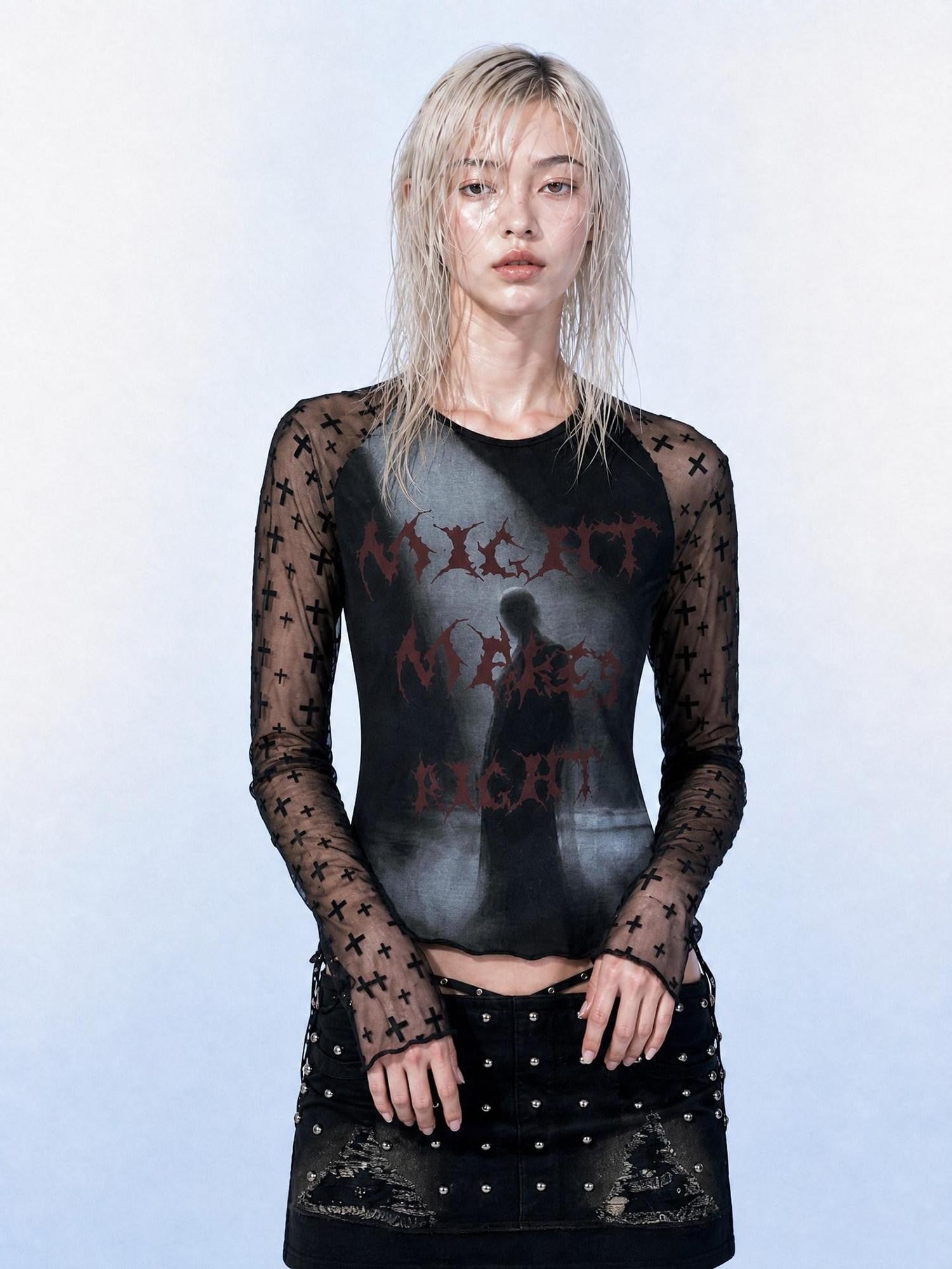 Emoha Sheer Mesh Letter Print Cropped Slim Women&