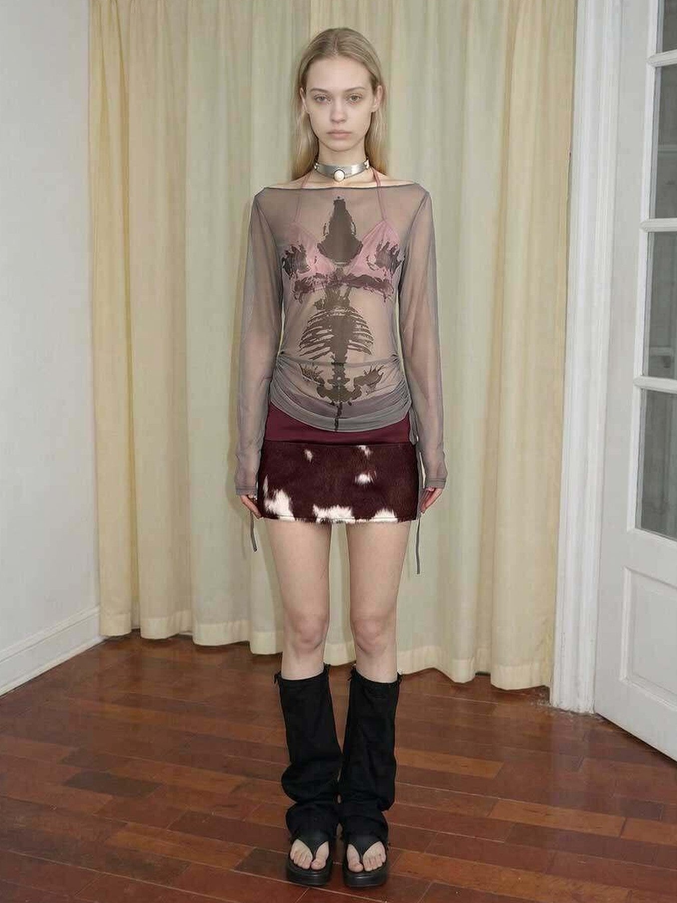 Emoha Sheer Punk Skull Print Asymmetrical Drawcord Women&