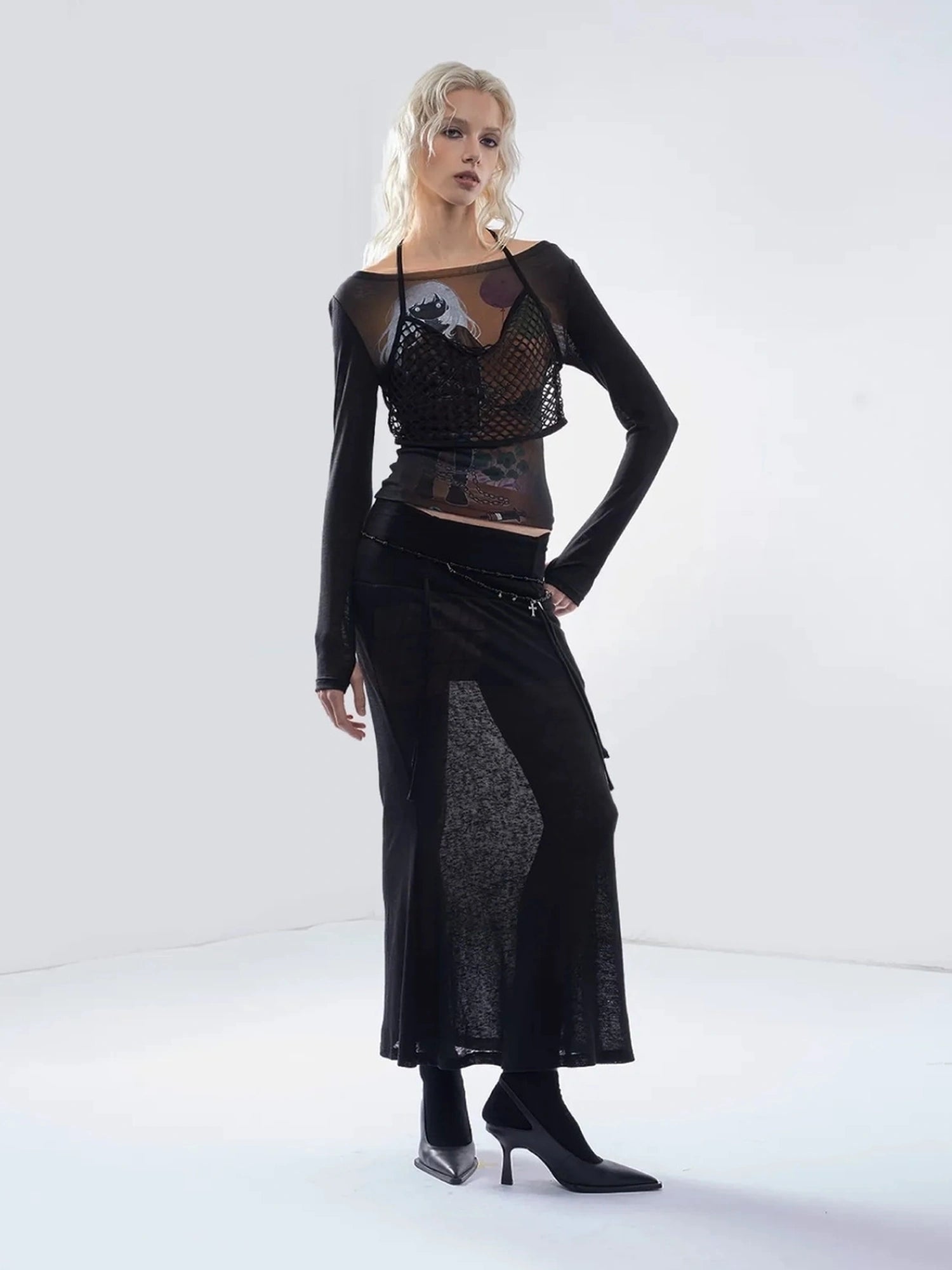 Emoha Sheer Y2K Mesh Spliced T-shirt With Tie Detail