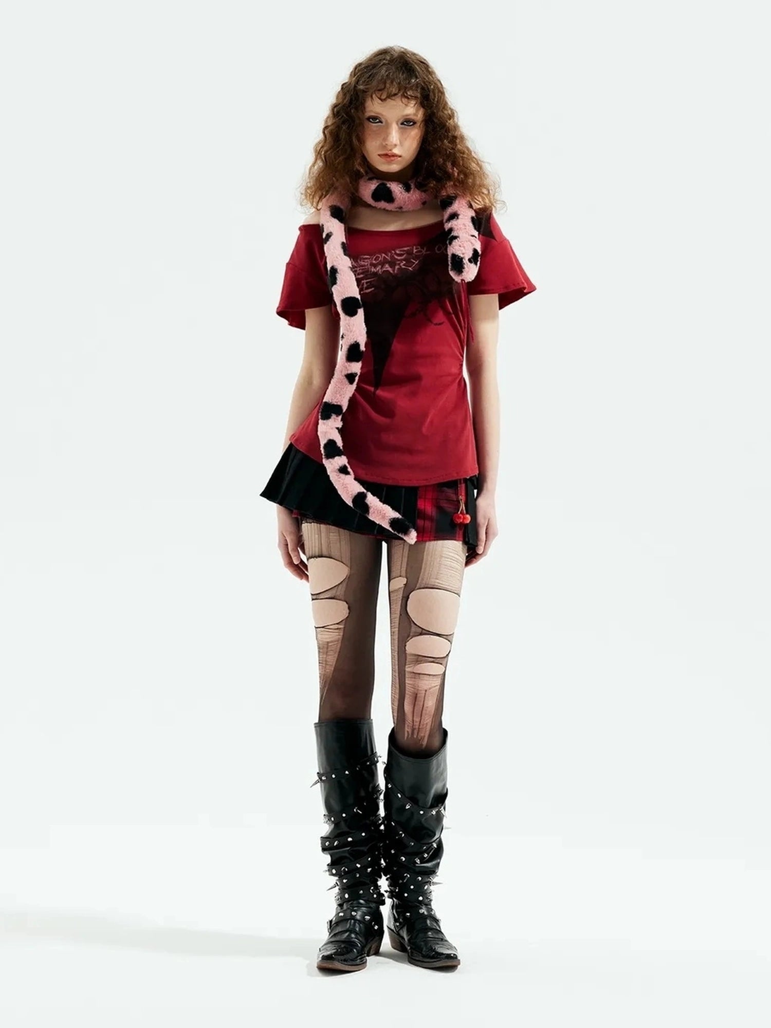 Emoha Unisex Gothic Print Red Flutter Sleeve V-neck T-shirt Long Sleeve