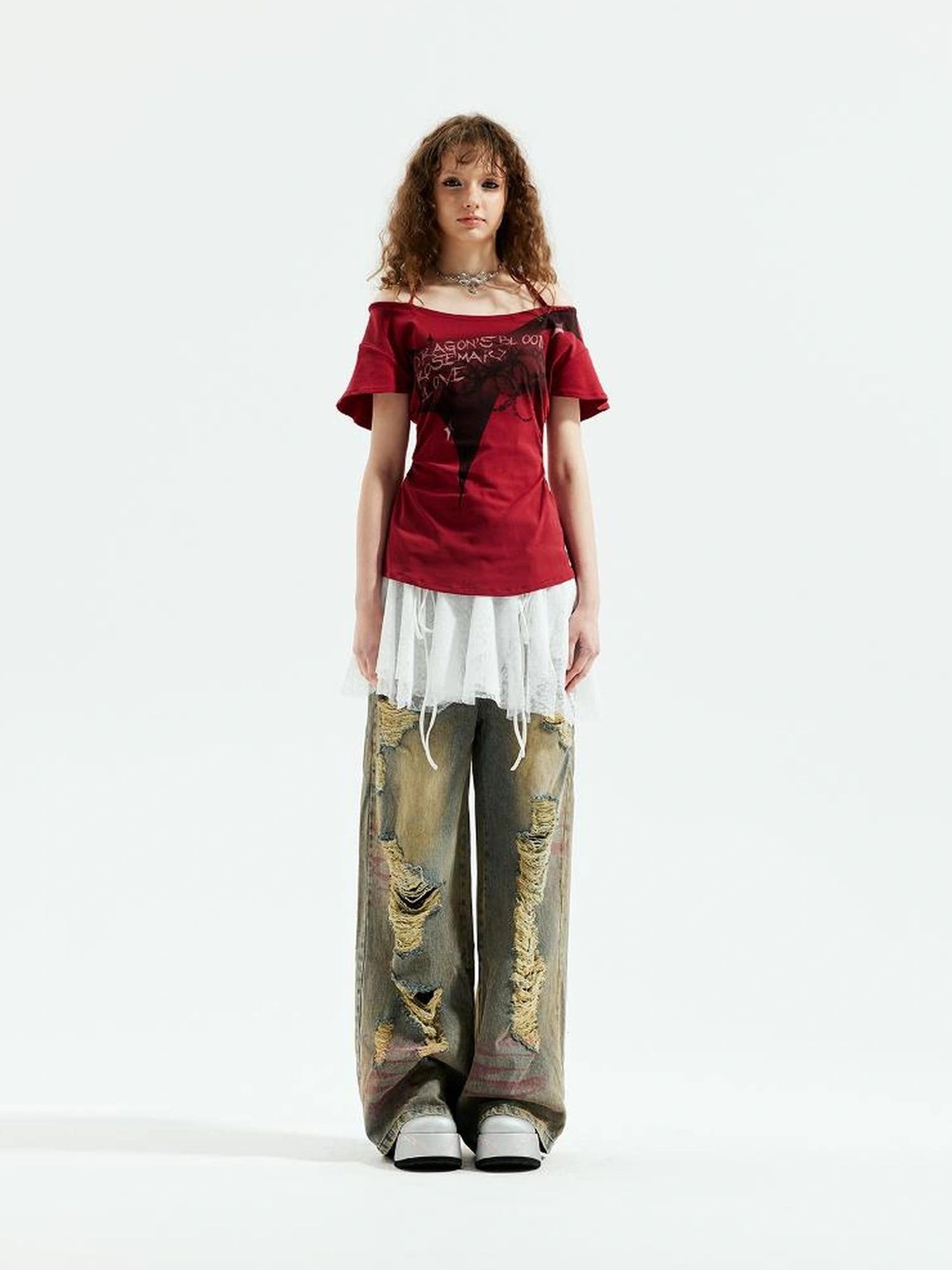Emoha Unisex Gothic Print Red Flutter Sleeve V-neck T-shirt Long Sleeve