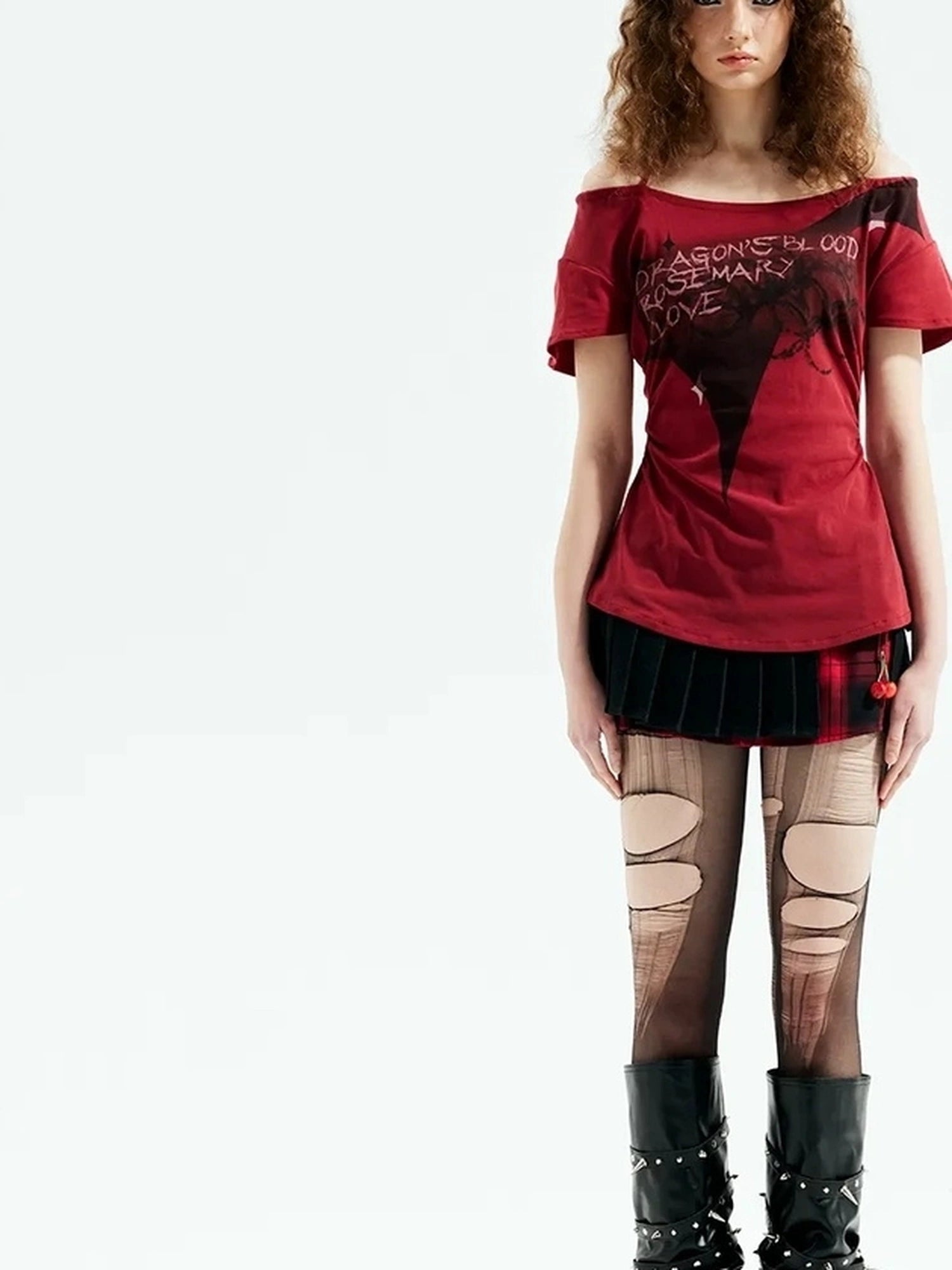Emoha Unisex Gothic Print Red Flutter Sleeve V-neck T-shirt Long Sleeve