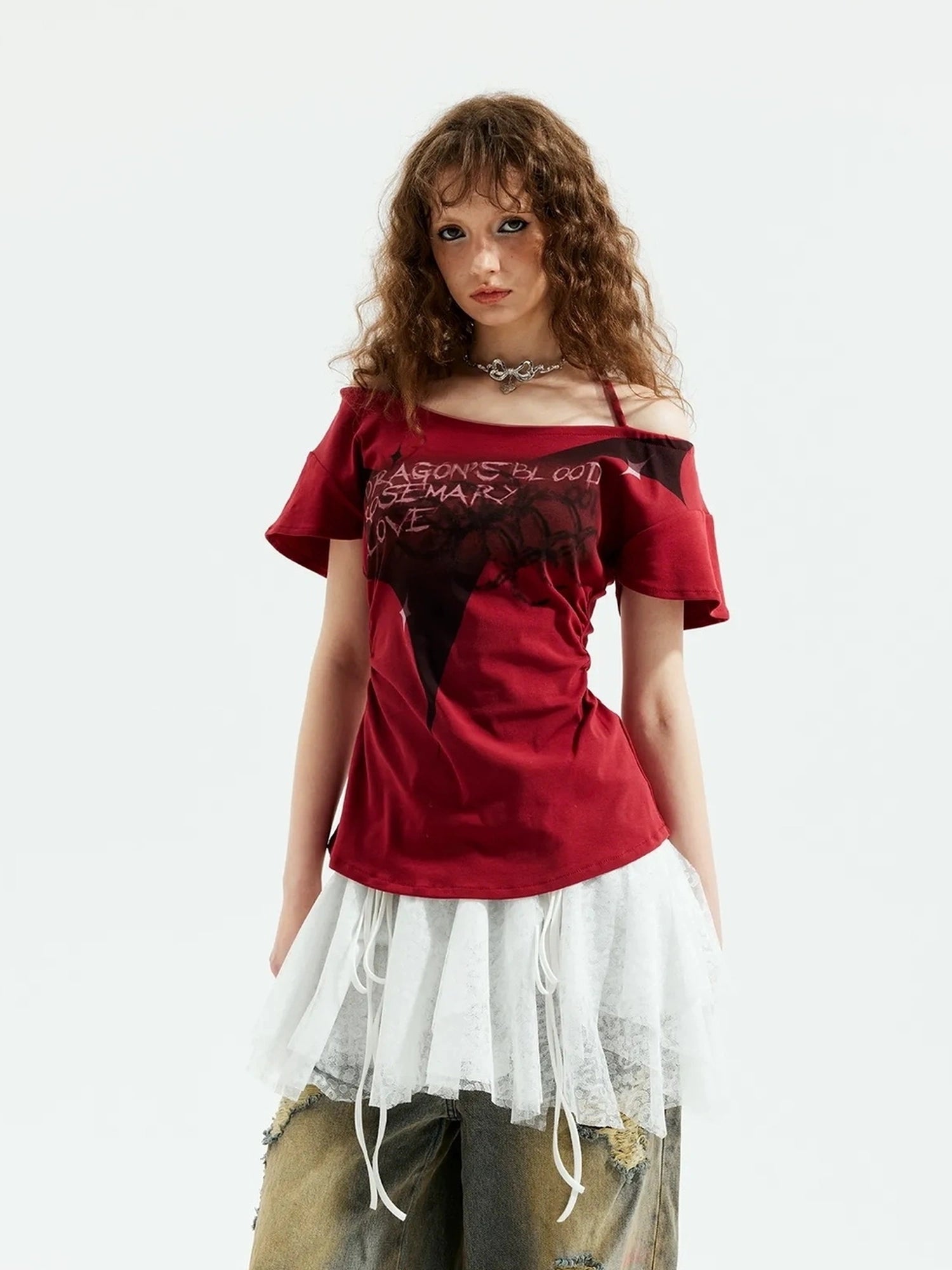 Emoha Unisex Gothic Print Red Flutter Sleeve V-neck T-shirt Long Sleeve