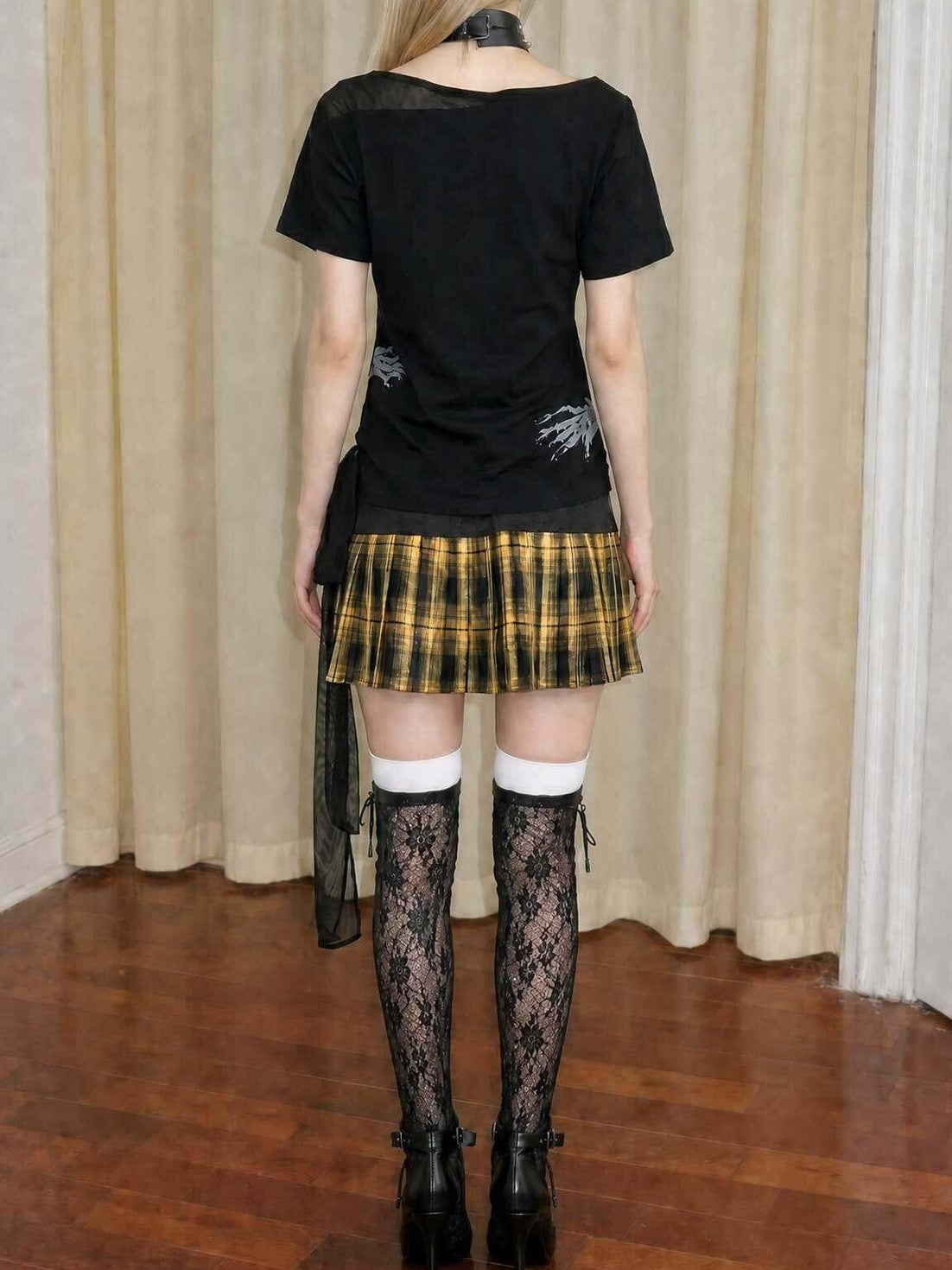 Emoha Vintage Plaid Patch Cutout Low Waist Women&