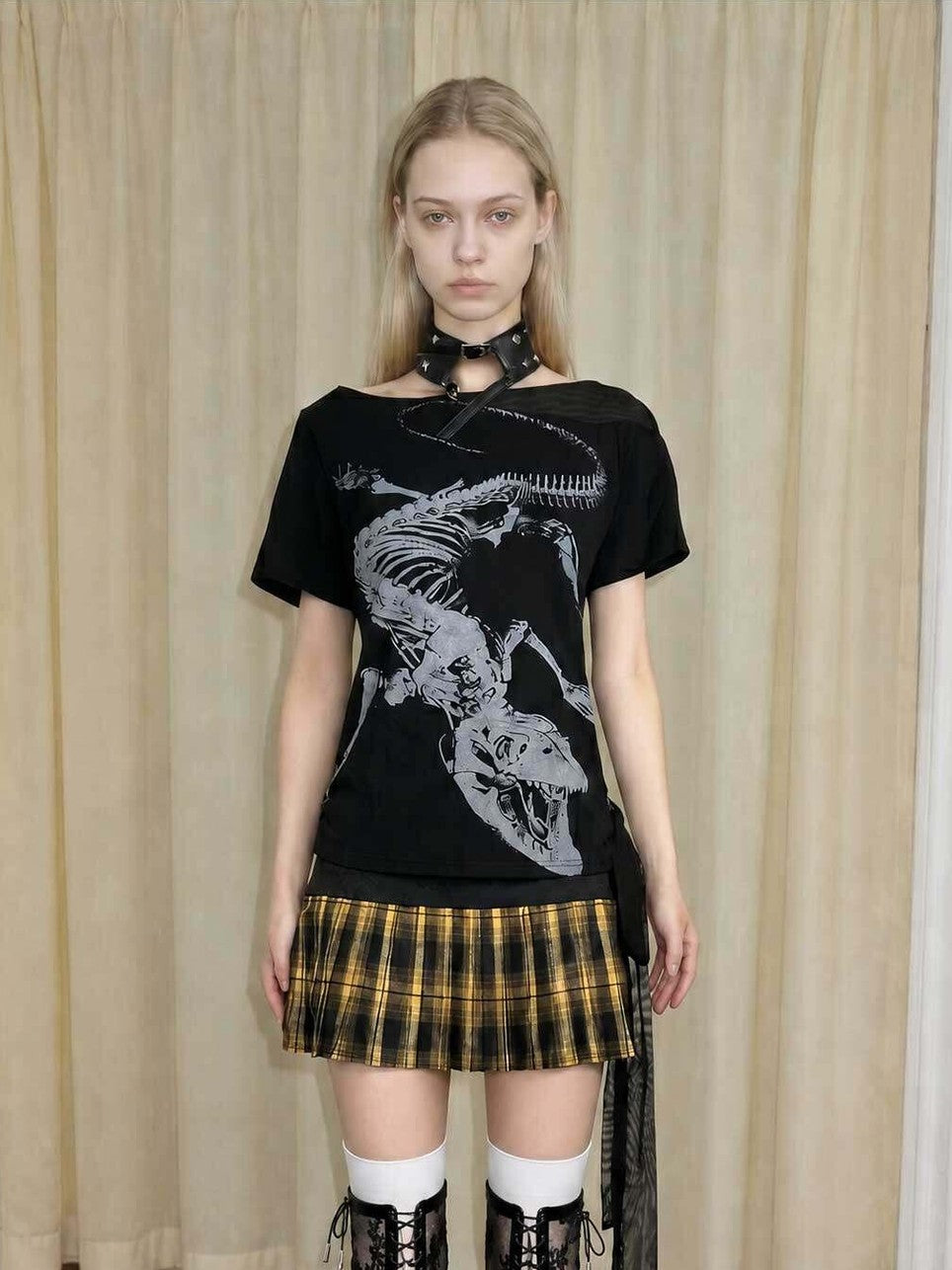 Emoha Vintage Plaid Patch Cutout Low Waist Women&