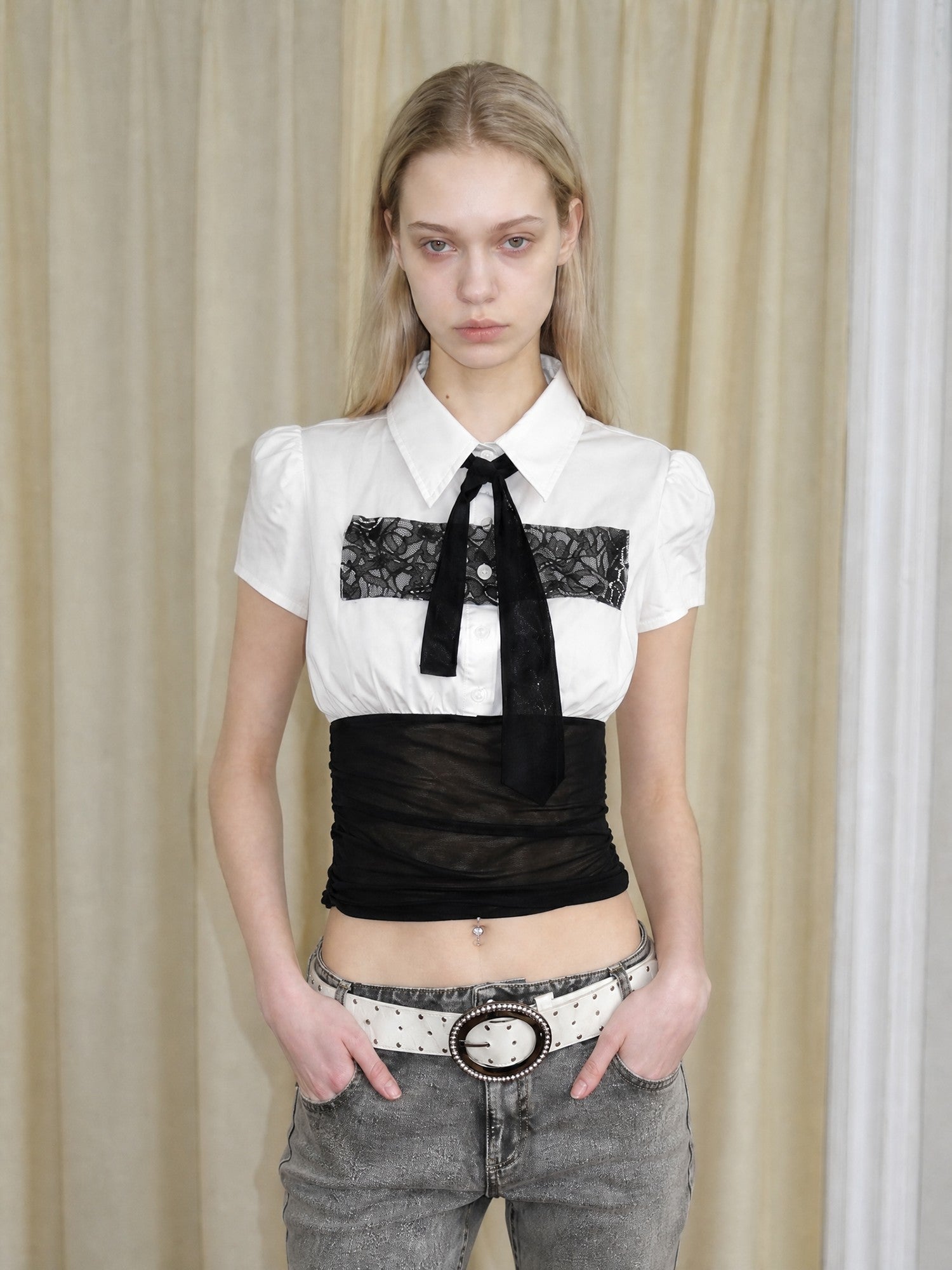 Emoha White Lace Splice Tie Puff Collar Fitted Waist Women&