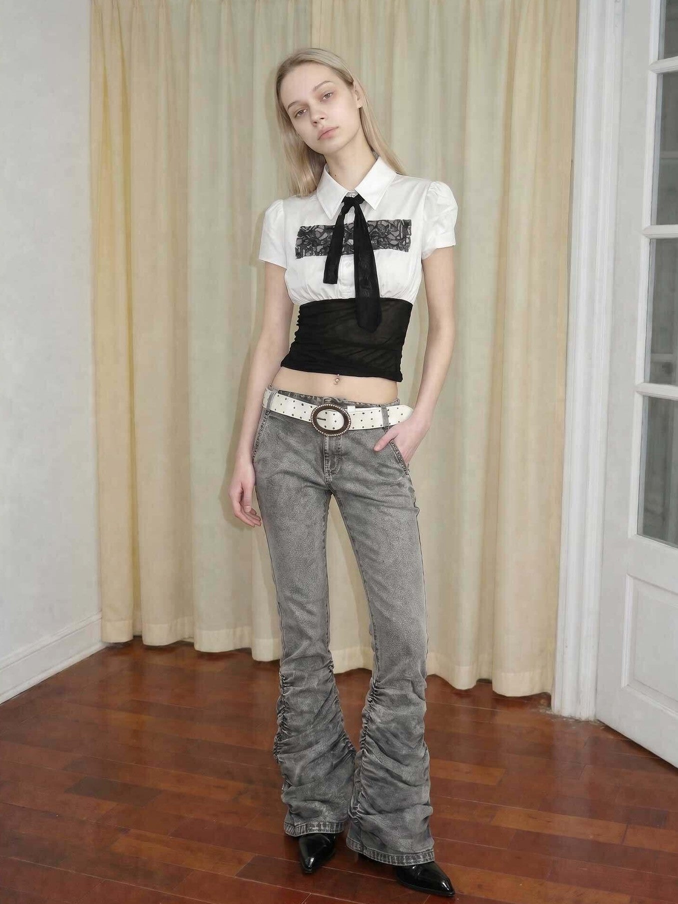 Emoha White Lace Splice Tie Puff Collar Fitted Waist Women&