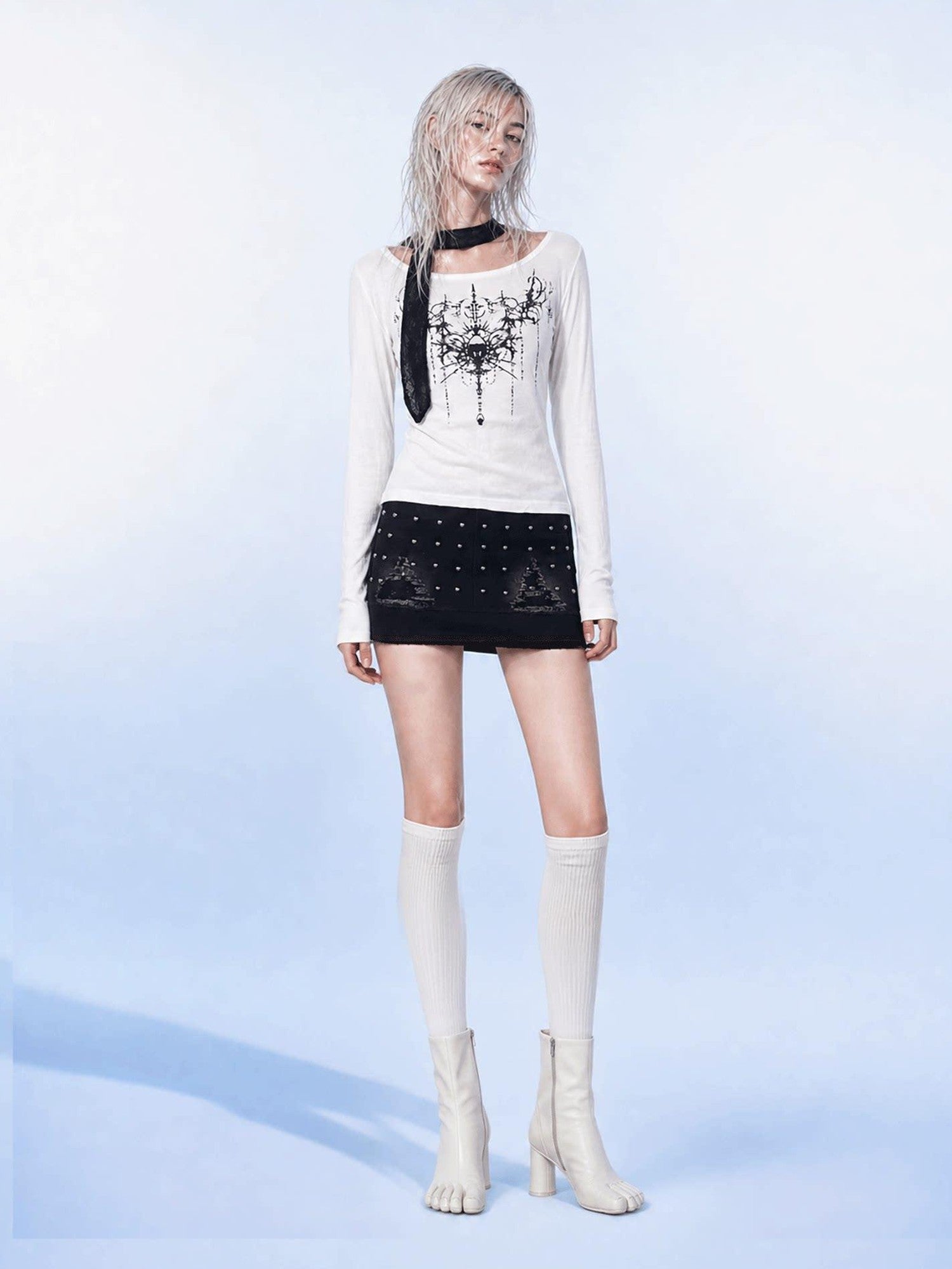 Emoha White One Shoulder Studded Gothic Print Women&