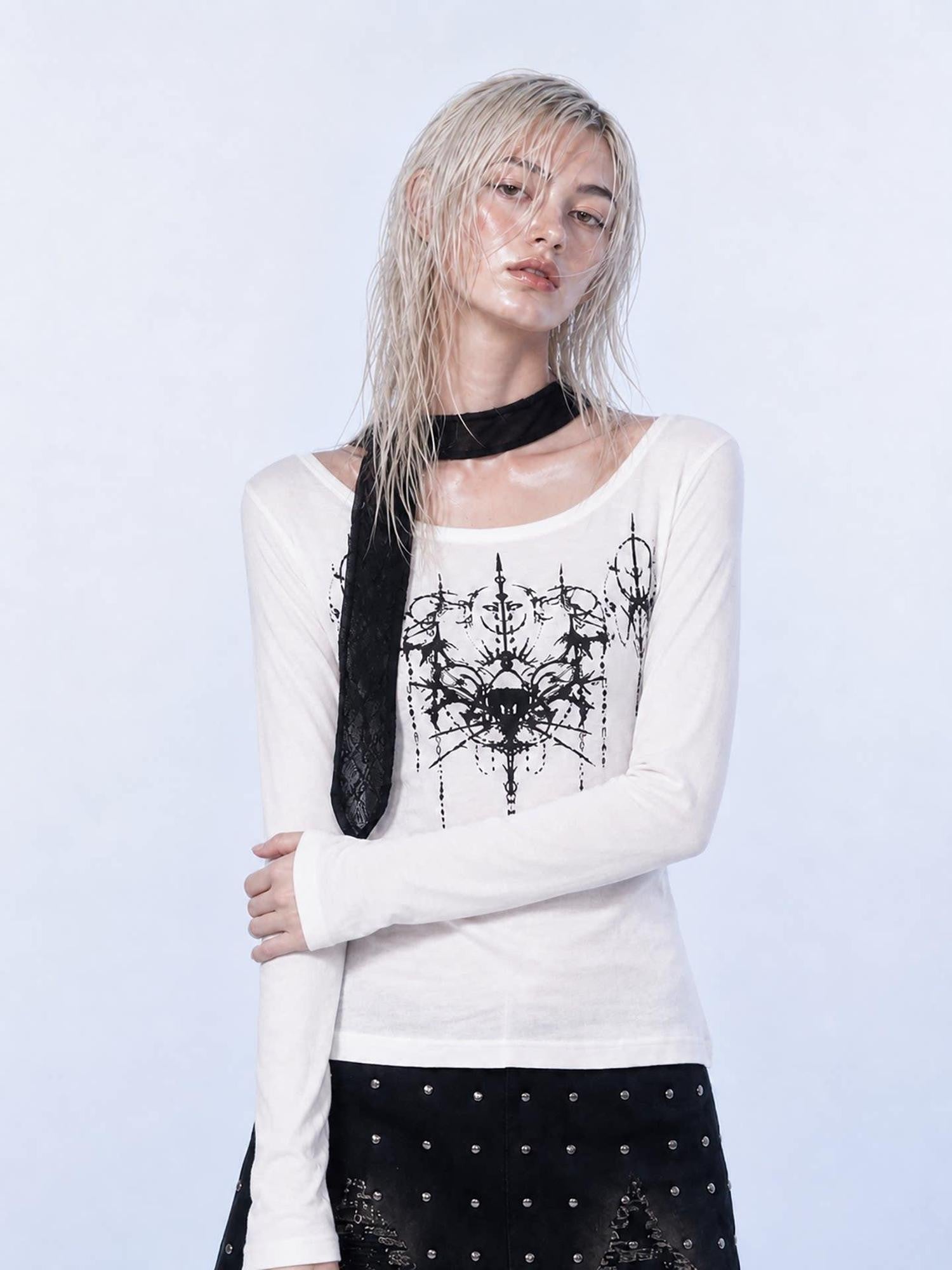 Emoha White One Shoulder Studded Gothic Print Women&