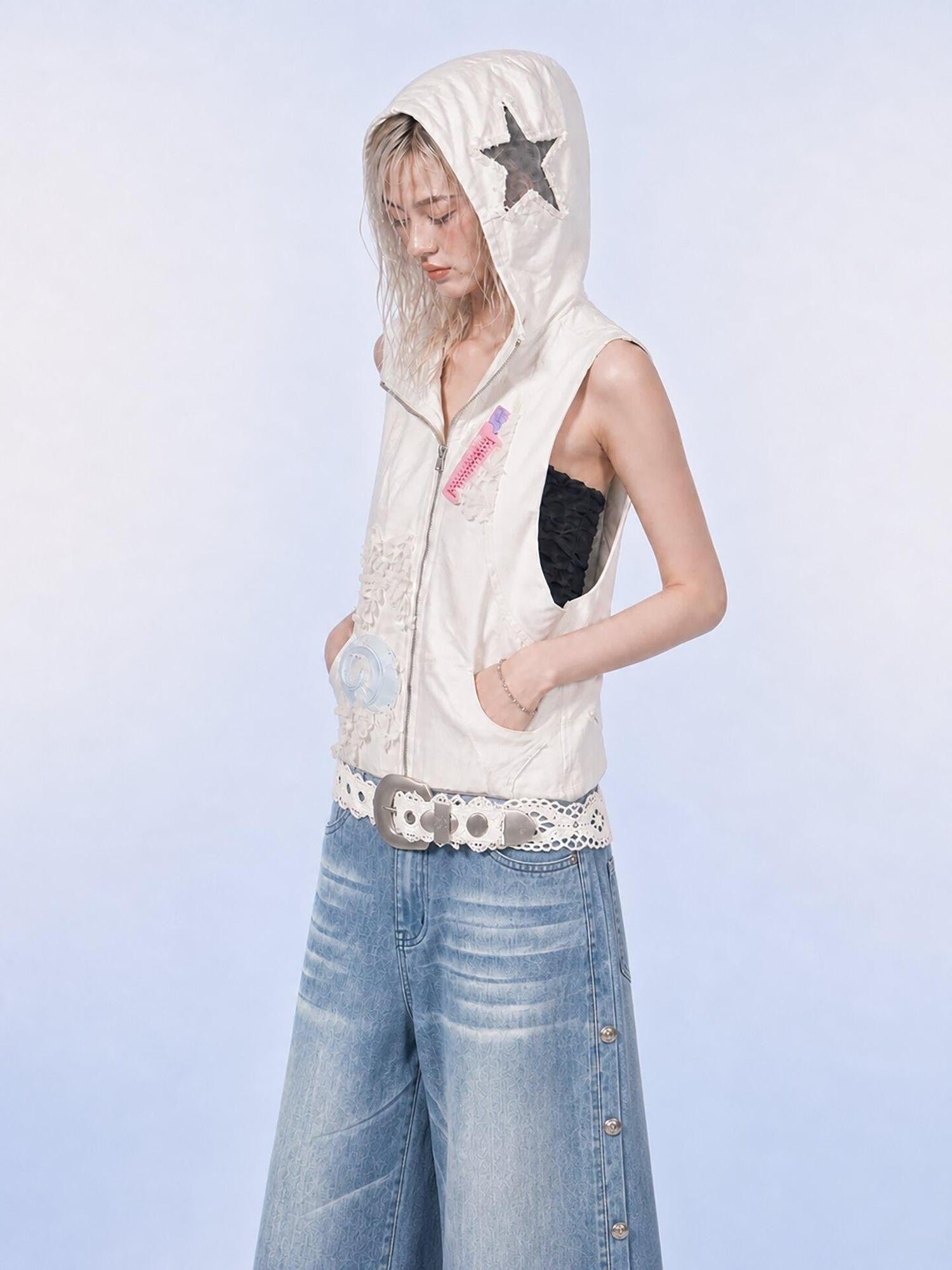 Emoha White Stand Collar Zipper Cropped Slim Sleeveless Women&