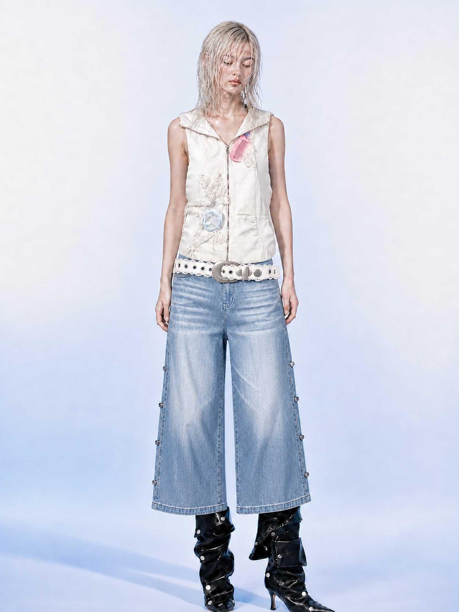 Emoha White Stand Collar Zipper Cropped Slim Sleeveless Women&
