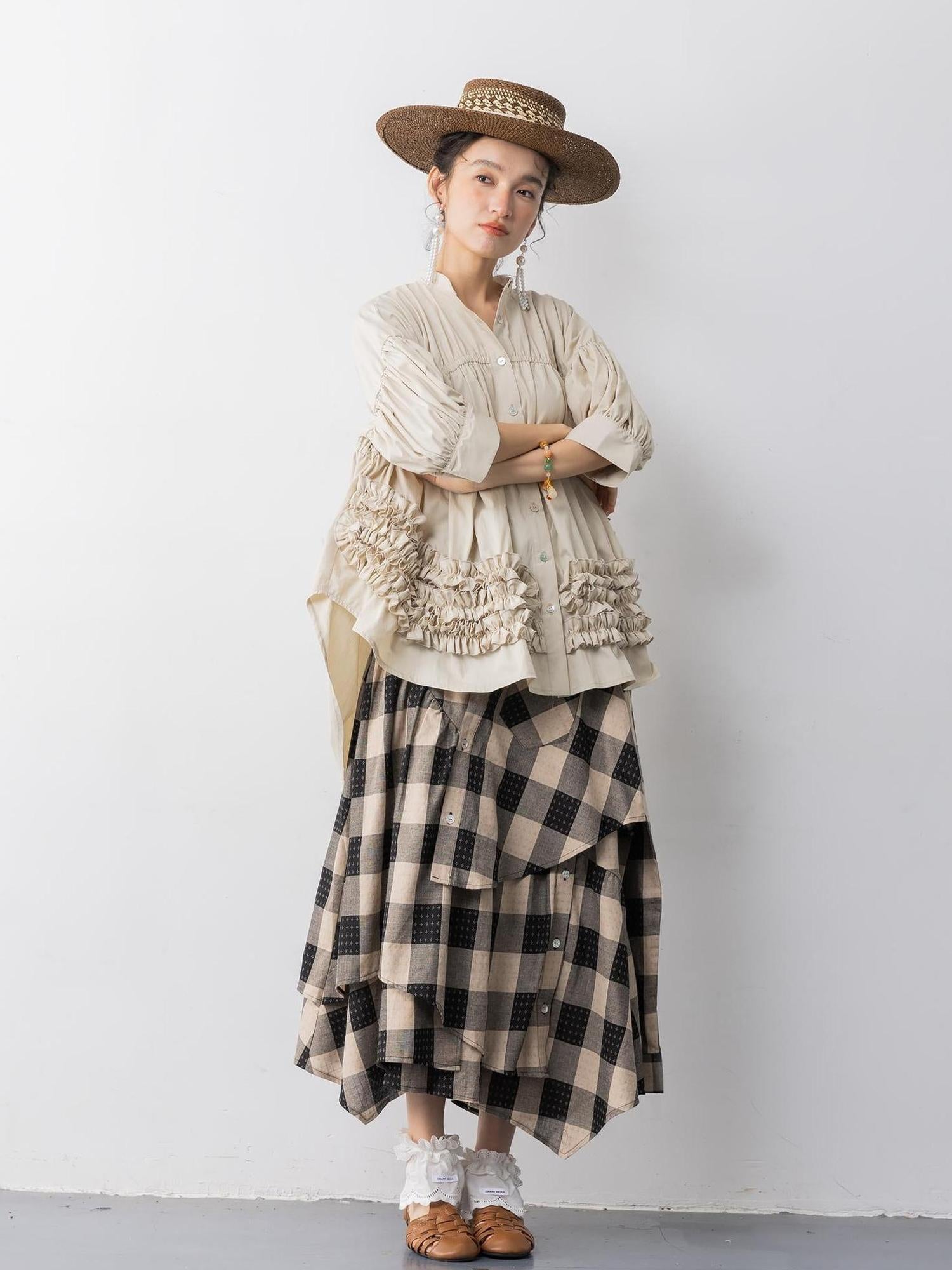 Sweet Mi Emotional Grid Deconstructed Skirt In Nature S Weave