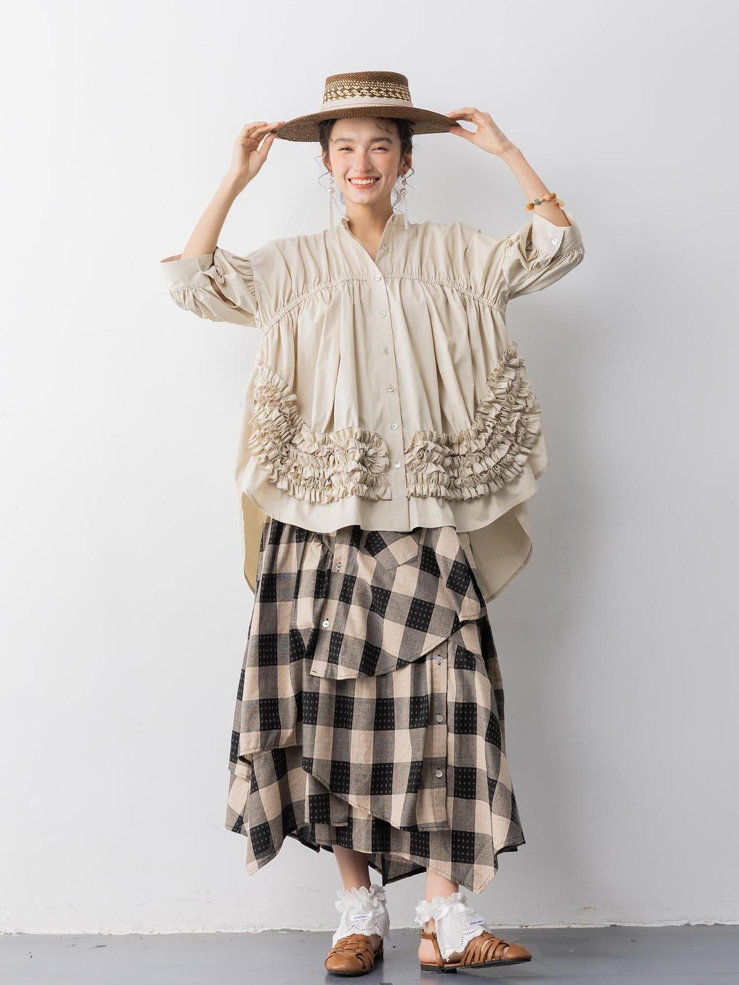 Sweet Mi Emotional Grid Deconstructed Skirt In Nature S Weave