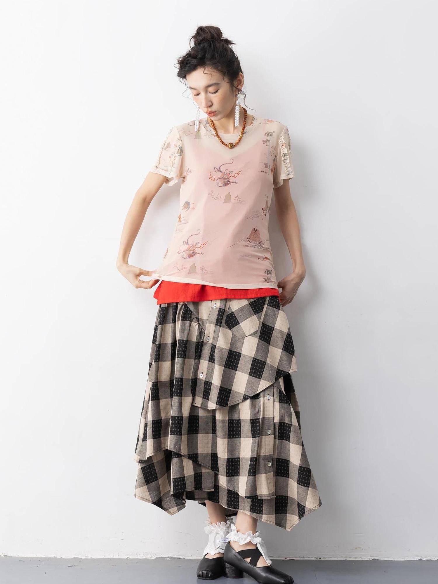 Sweet Mi Emotional Grid Deconstructed Skirt In Nature S Weave