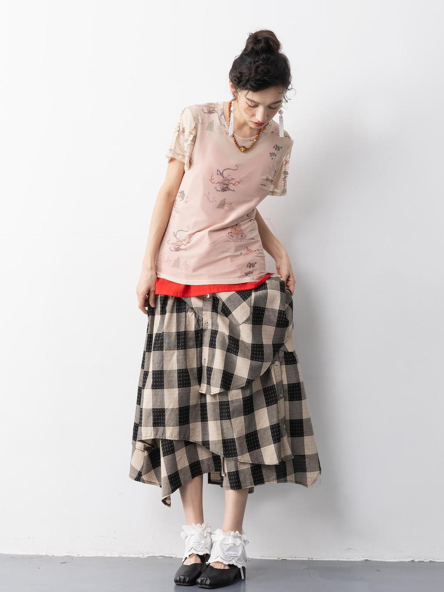Sweet Mi Emotional Grid Deconstructed Skirt In Nature S Weave
