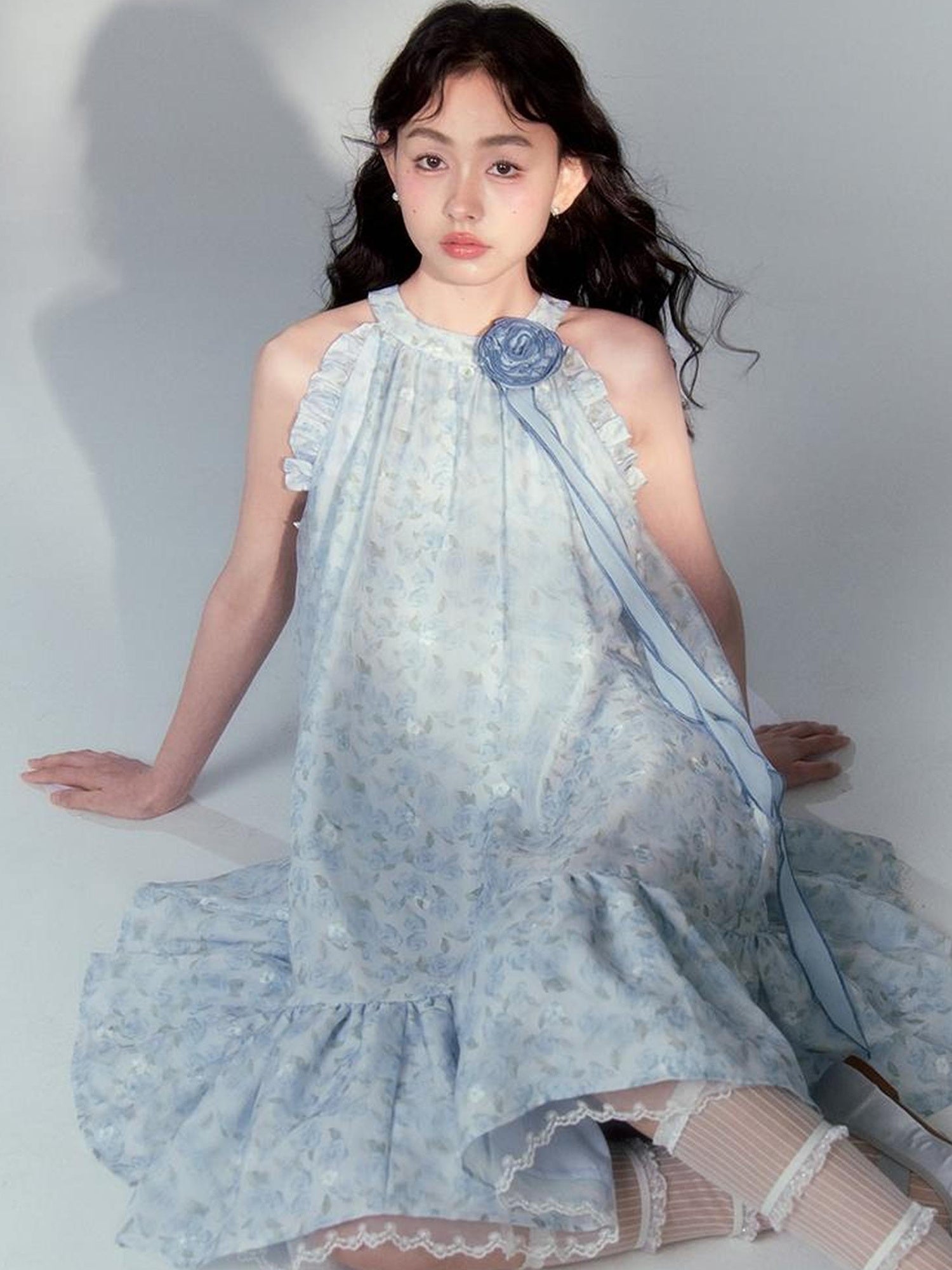DIDDI MODA Ethereal Blue Floral Embroidery Off Shoulder Beach Dress