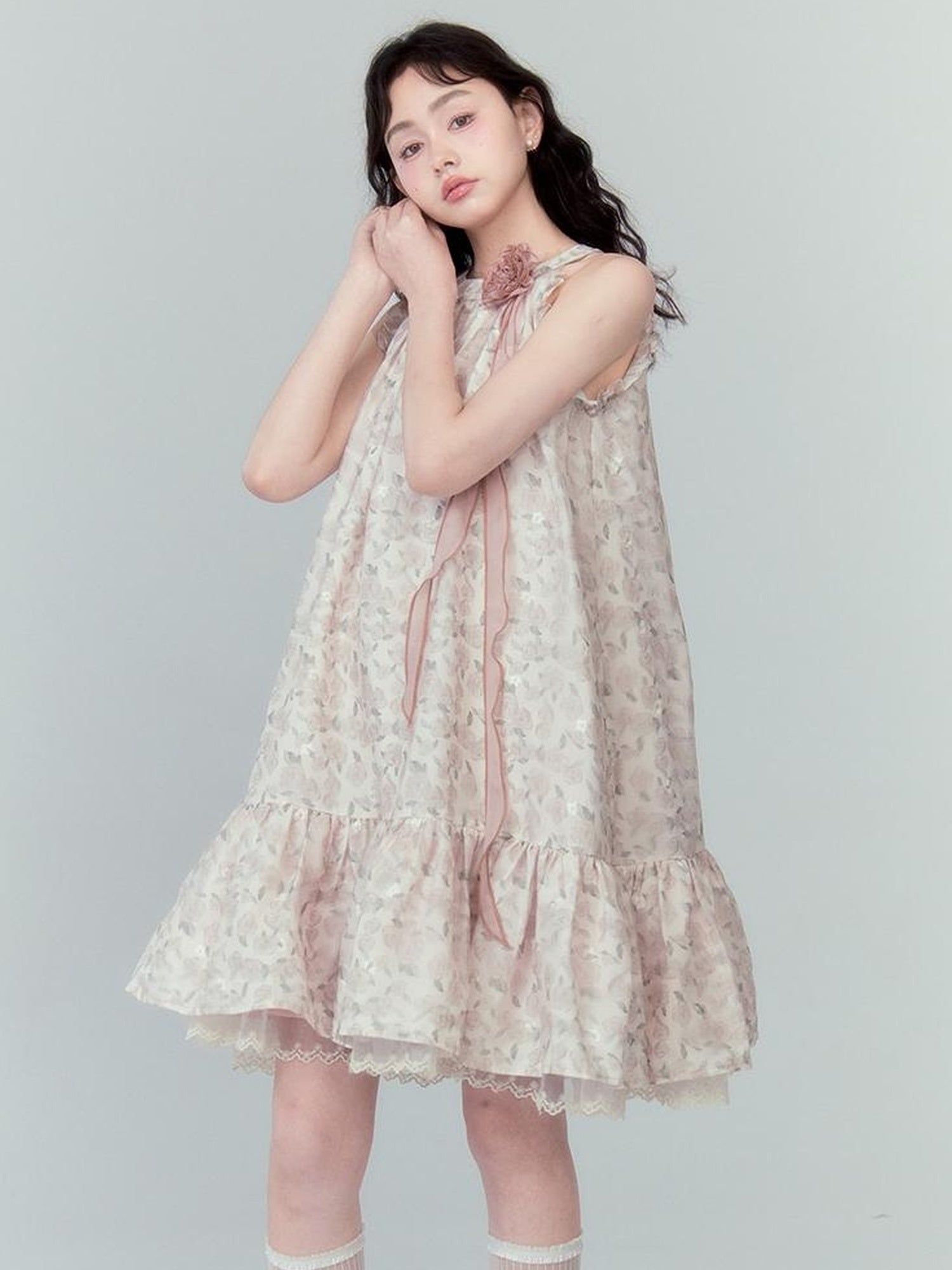 DIDDI MODA Ethereal Blue Floral Embroidery Off Shoulder Beach Dress