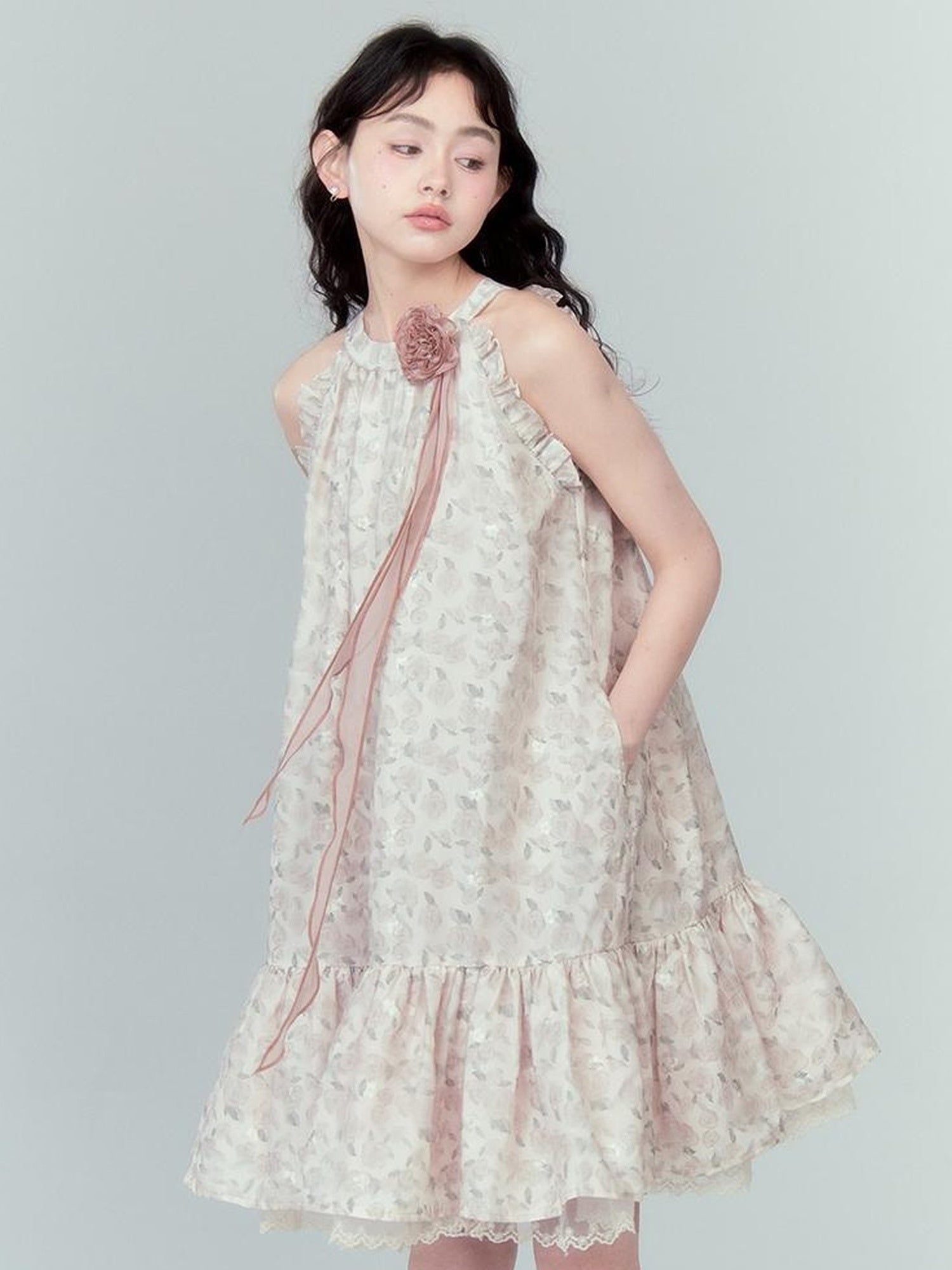 DIDDI MODA Ethereal Blue Floral Embroidery Off Shoulder Beach Dress