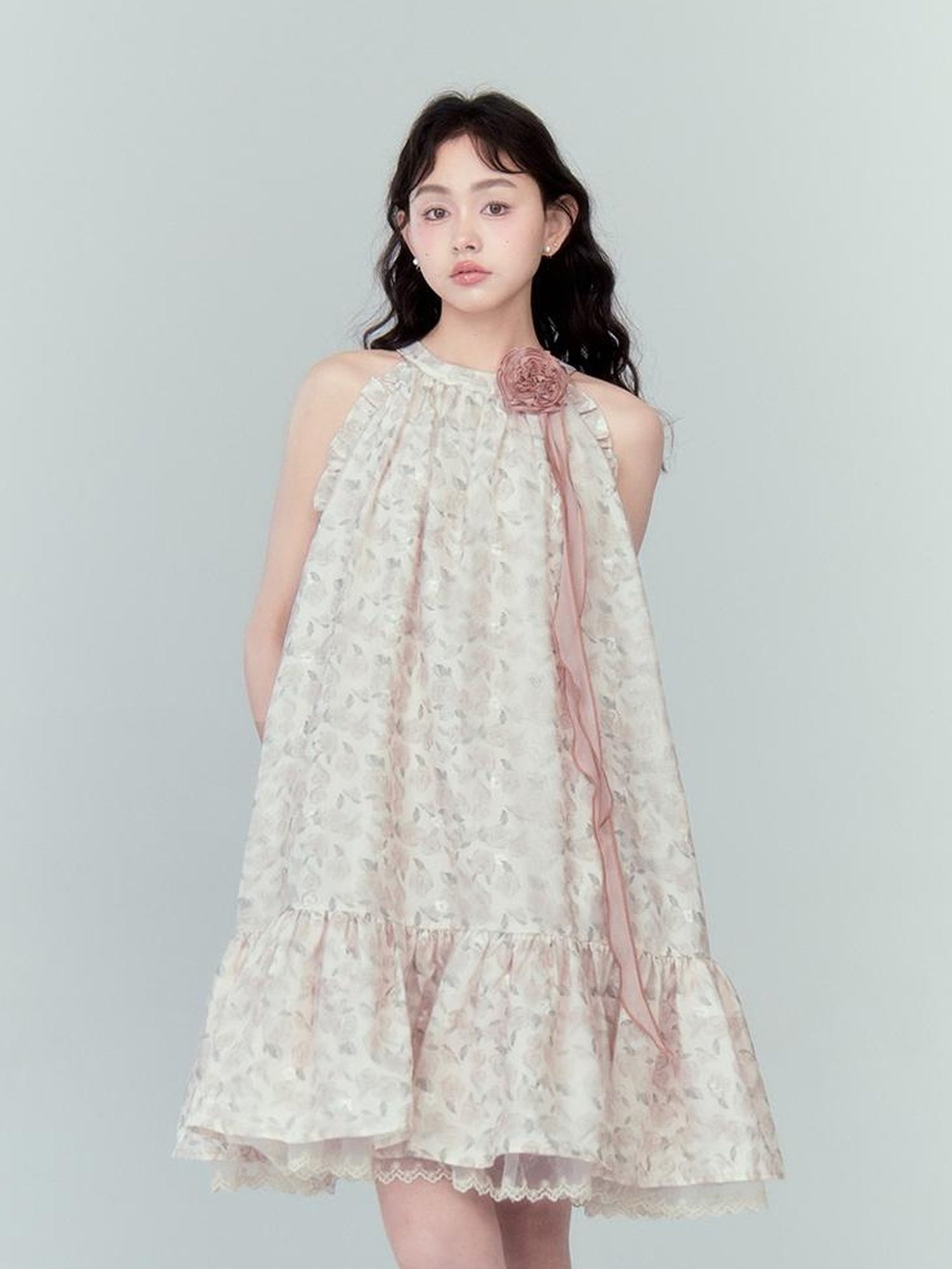 DIDDI MODA Ethereal Blue Floral Embroidery Off Shoulder Beach Dress