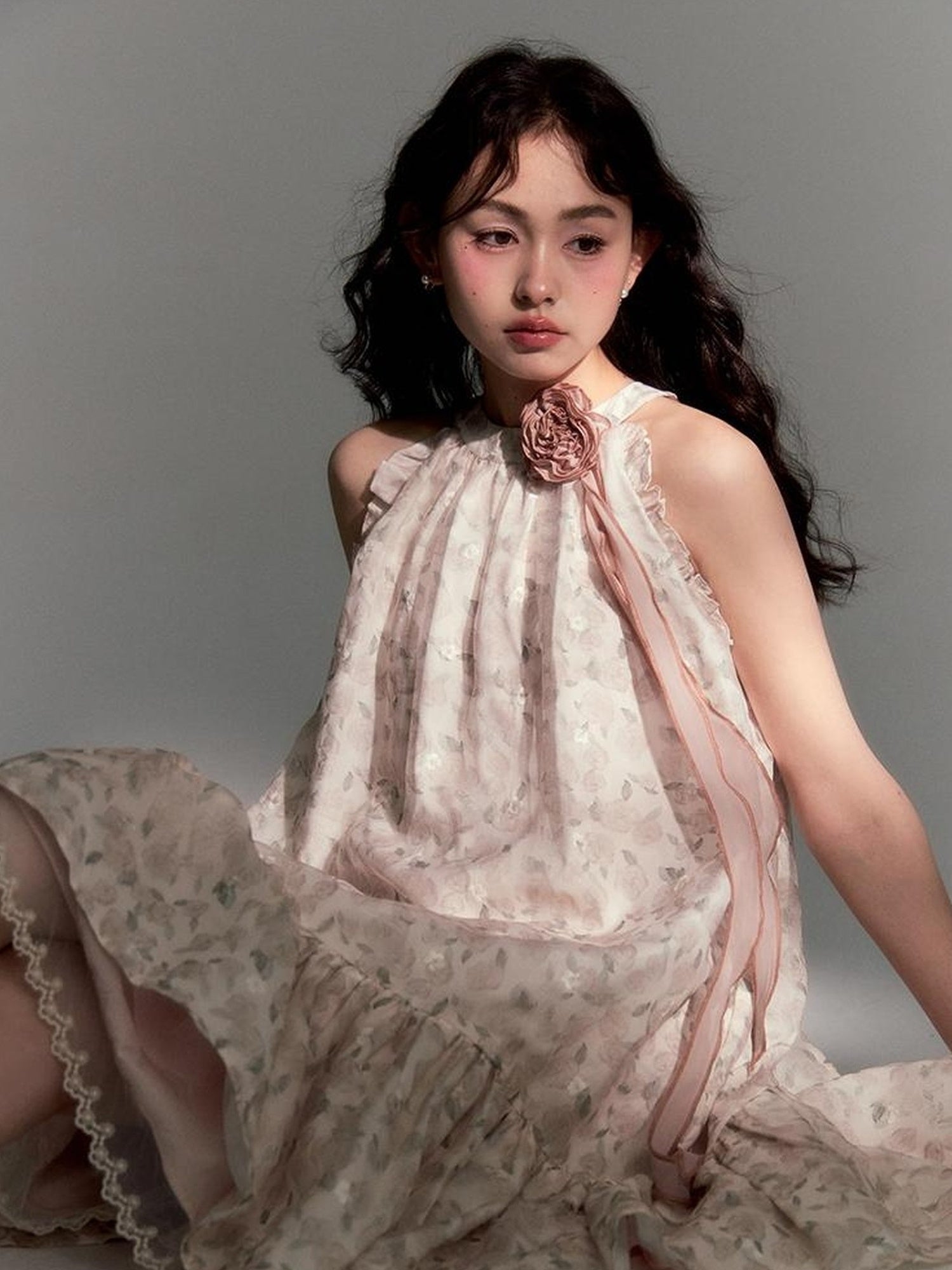 DIDDI MODA Ethereal Blue Floral Embroidery Off Shoulder Beach Dress