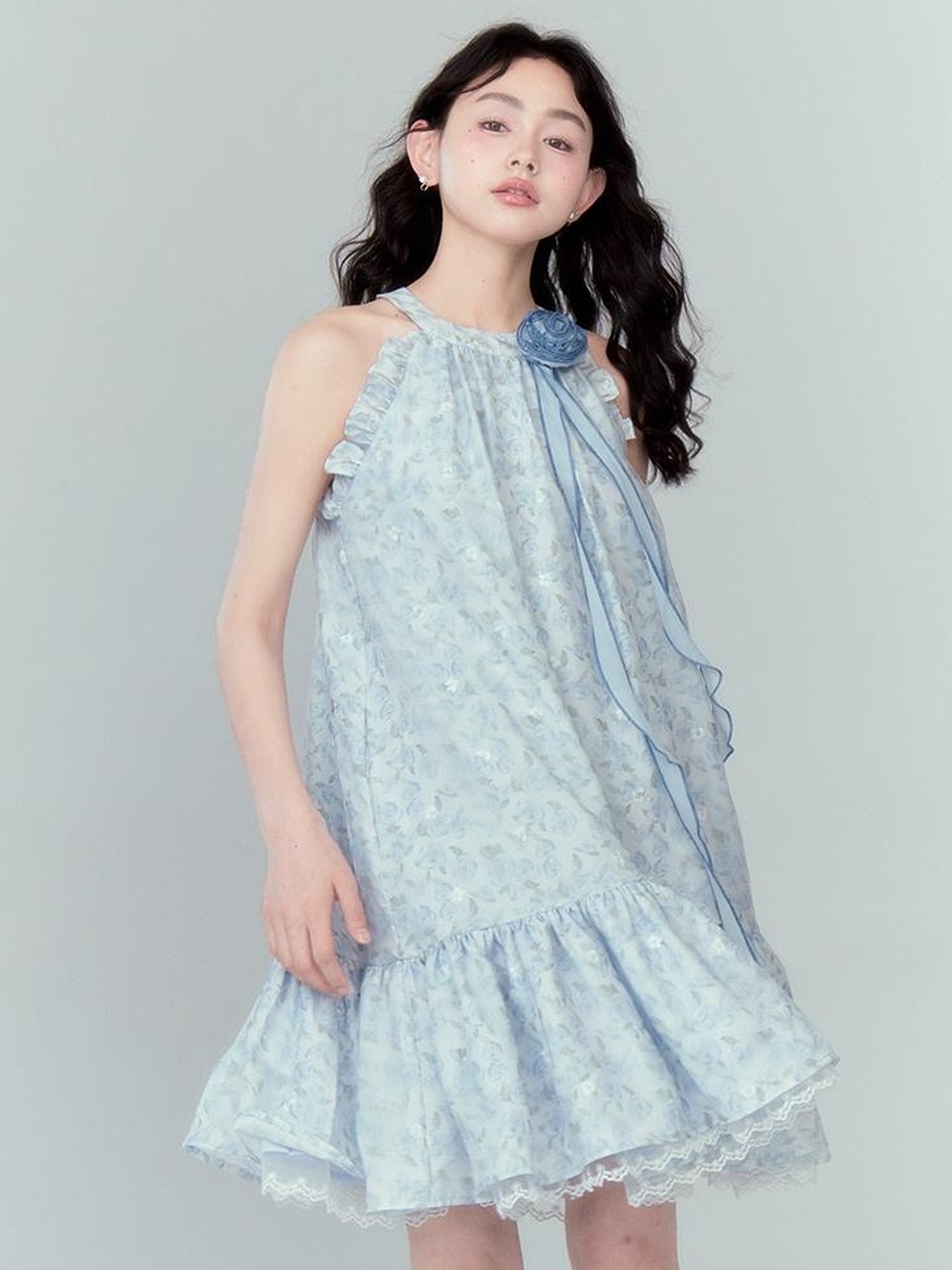 DIDDI MODA Ethereal Blue Floral Embroidery Off Shoulder Beach Dress